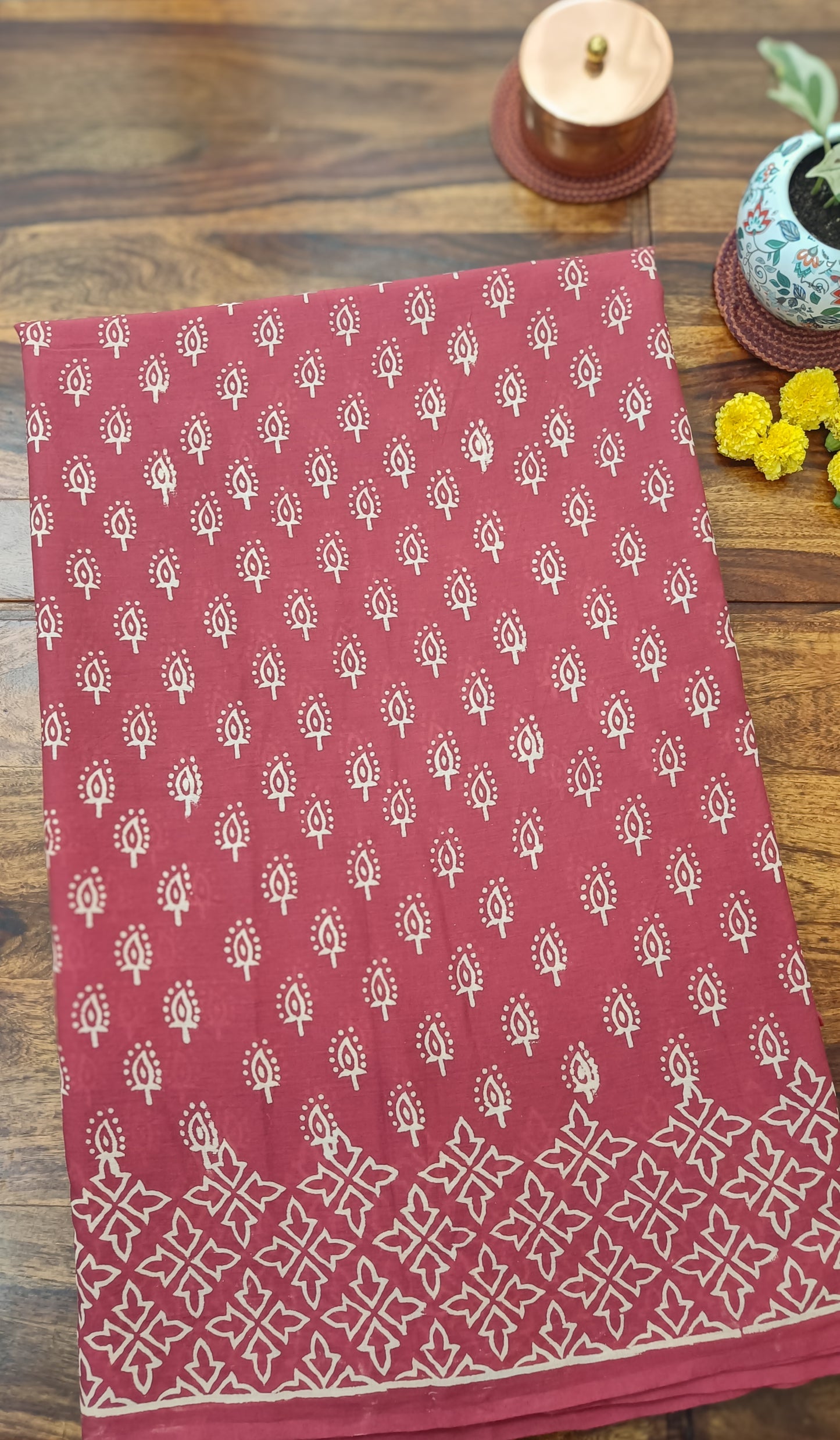 Handprinted Sangneri pattern on Dusky Rose saree, crafted in pure Mulmul cotton for all-day comfort, exclusively at Phulwari Bazaar