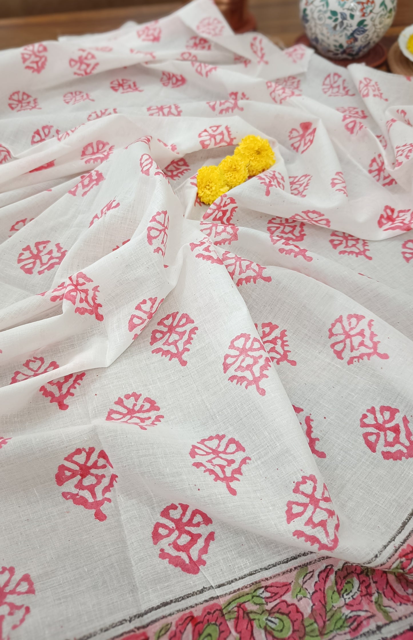 Handprinted running blouse piece included with floral motif saree in Mulmul cotton, available at Phulwari Bazaar