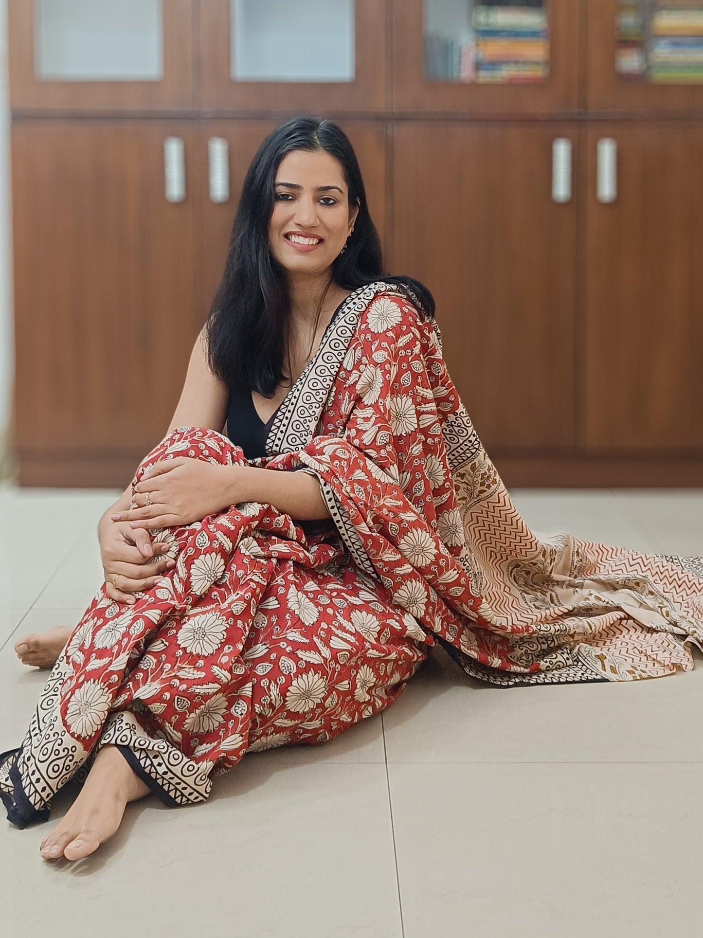 Rustic Rhapsody saree in pure Mulmul cotton with hand-block Bagru print, rich terracotta and sienna hues, Phulwari Bazaar