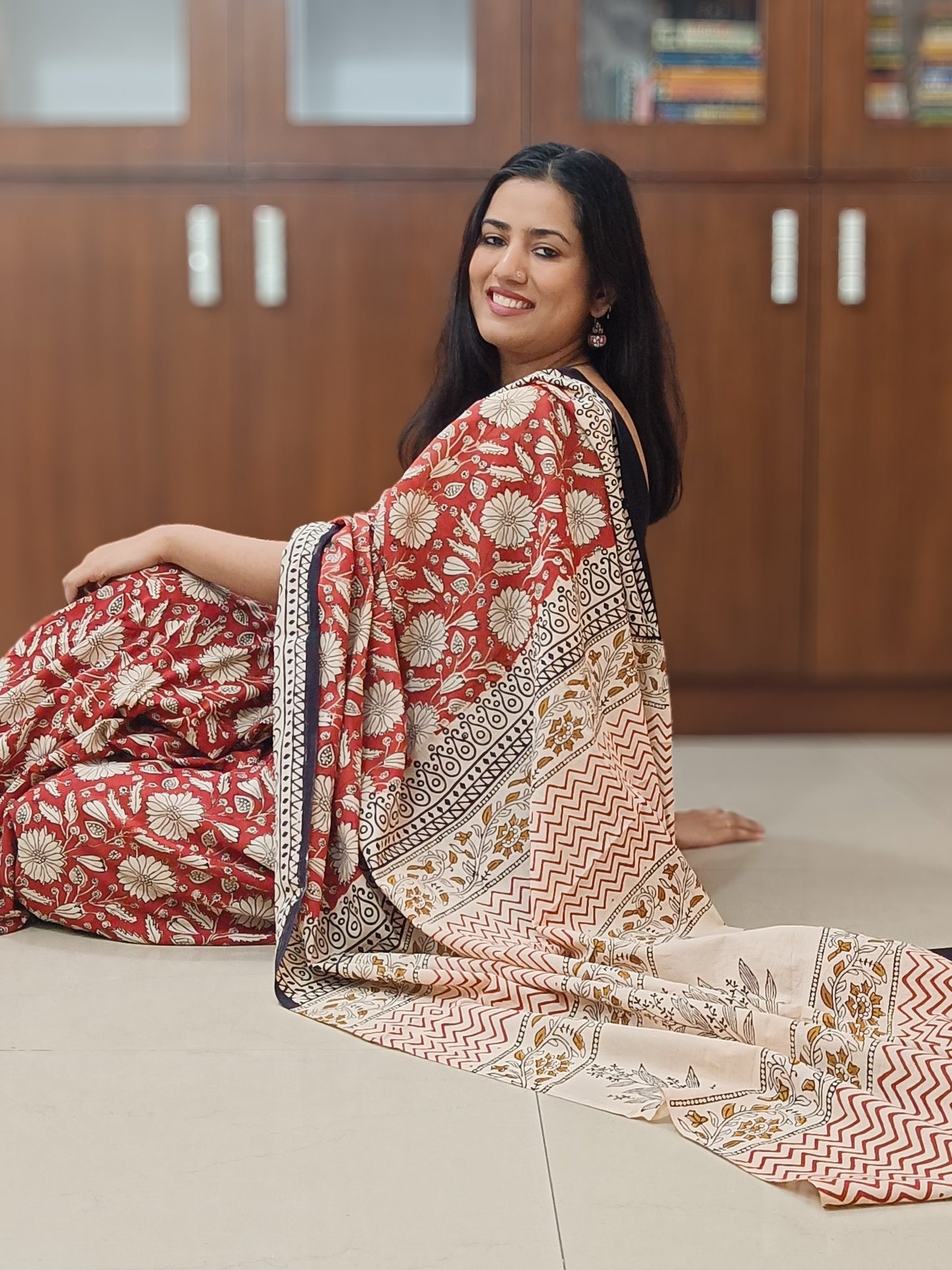 Hand-block Bagru print Rustic Rhapsody saree in earthy tones, lightweight Mulmul cotton fabric, Phulwari Bazaar