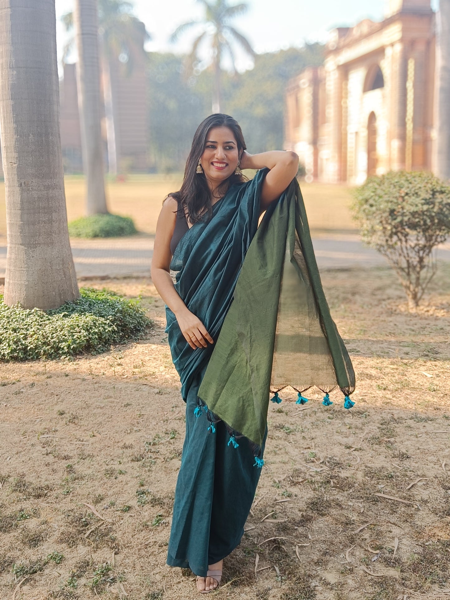 Teal green handloom khadi cotton saree with tassel detailing, perfect for office wear and daily wear – Phulwari Bazaar| Phulwari Bazar
