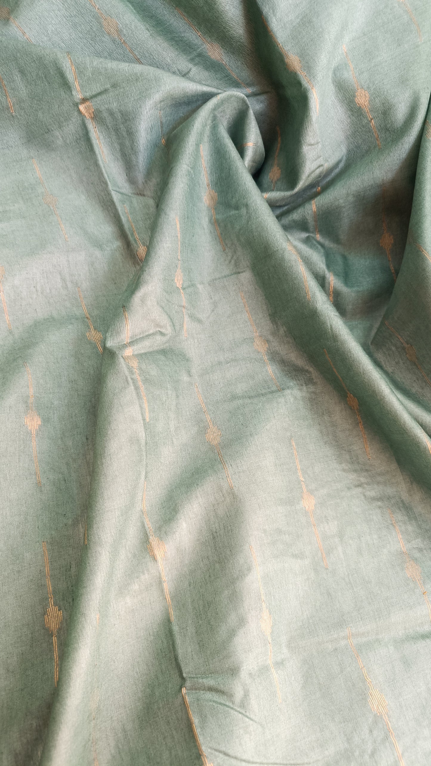 Gold zari work Wild Willow saree in soft green, Chanderi silk, tassels, Phulwari Bazaar