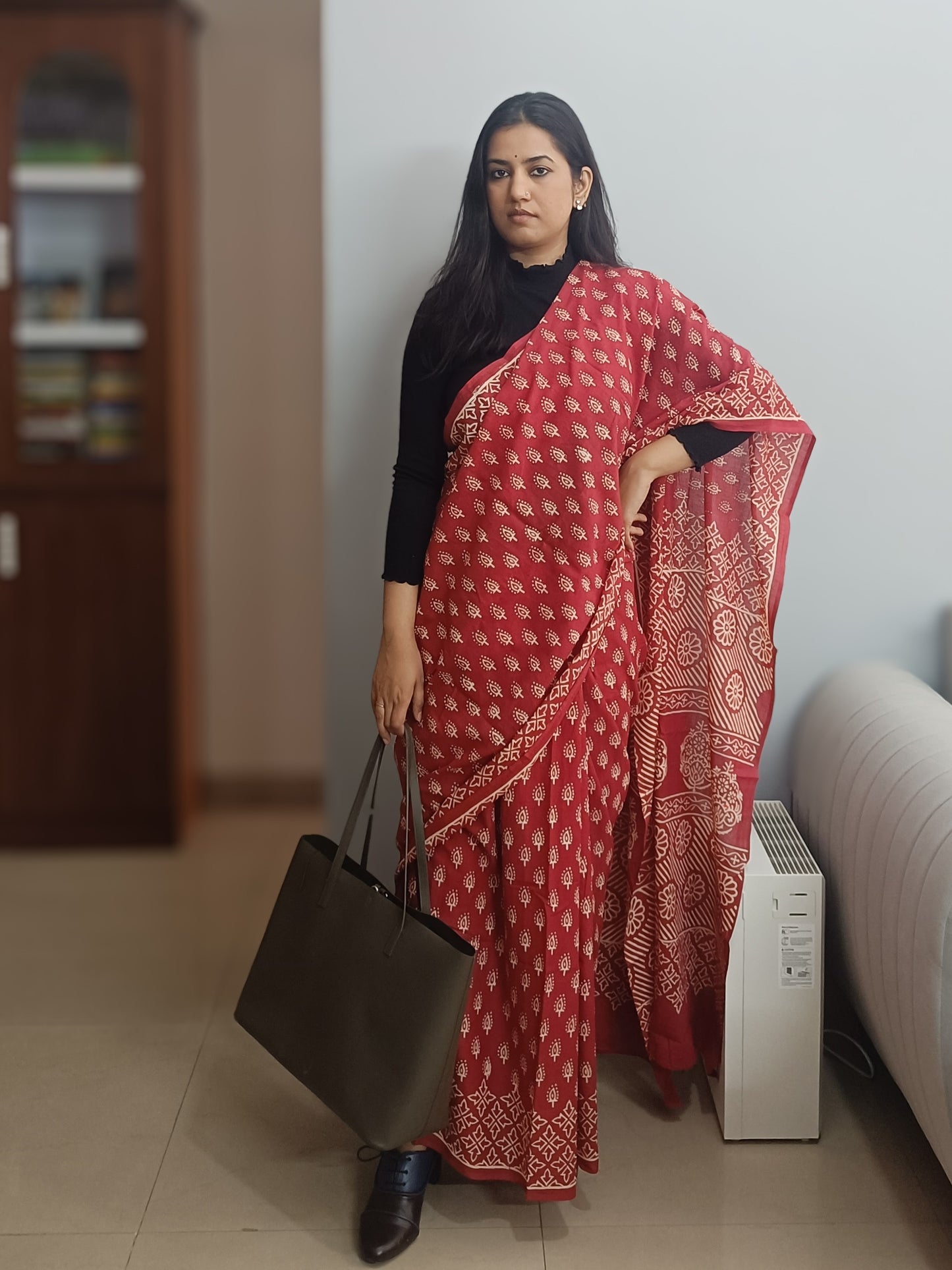 Dusky Rose | Red Handblock Mulmul Saree with Buti
