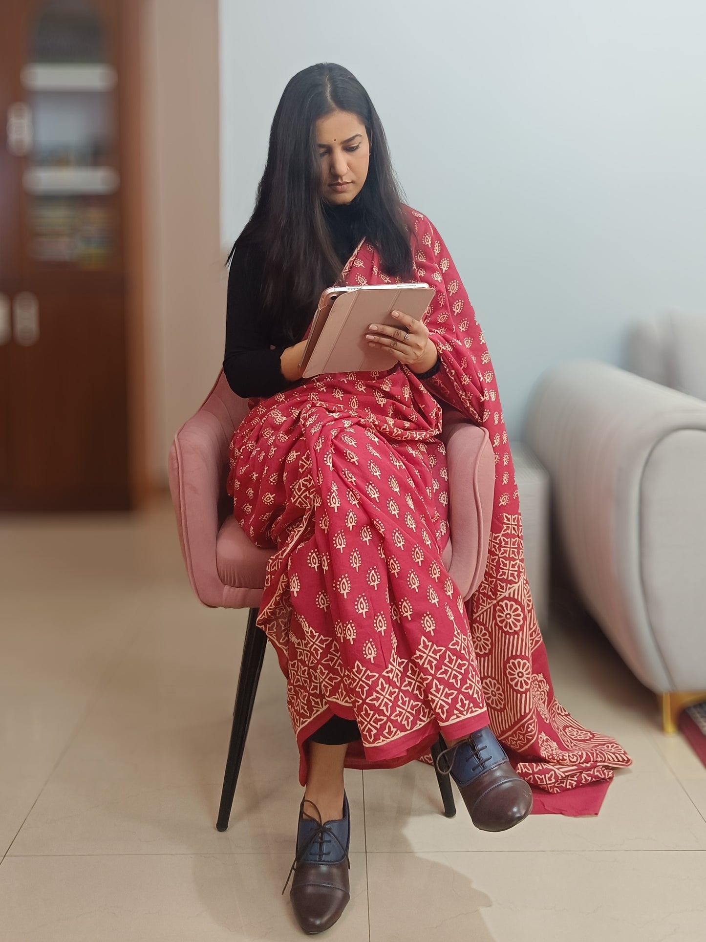 Dusky Rose | Red Handblock Mulmul Saree with Buti