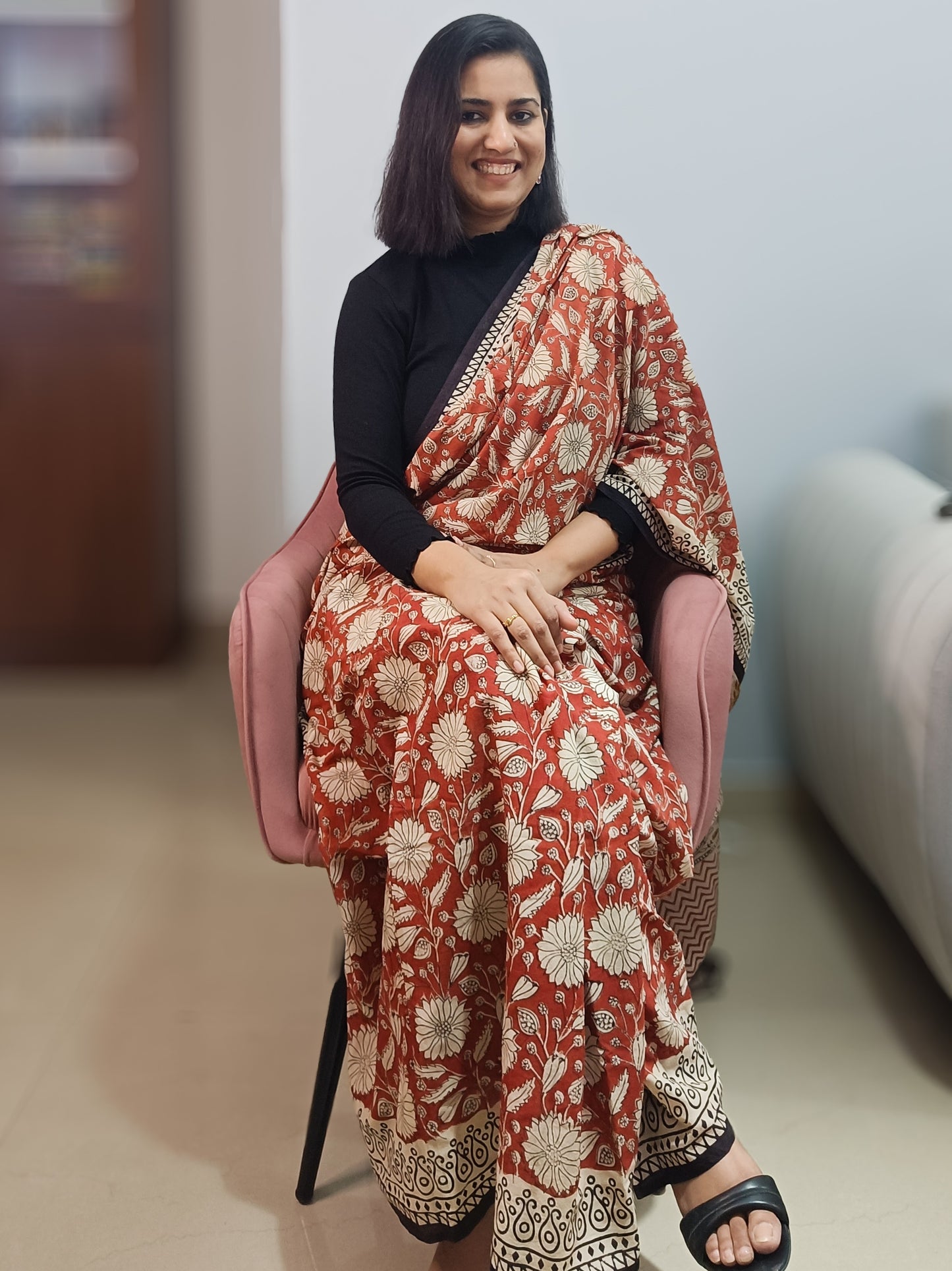 Rustic Rhapsody | Brick Red Handblock Mulmul Saree