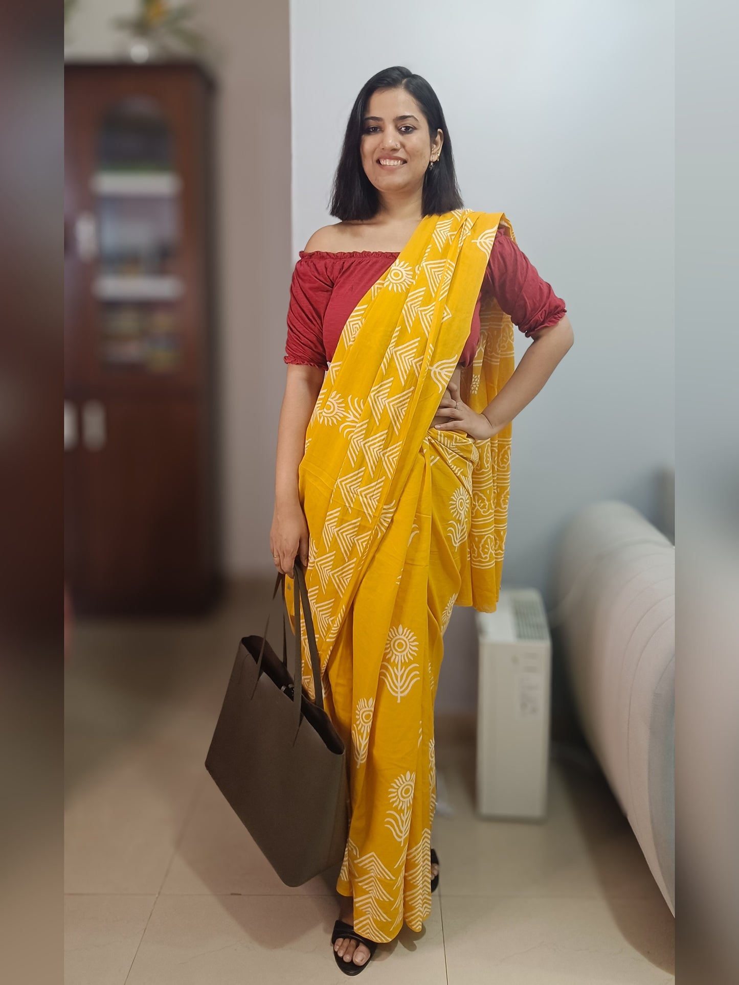 Sunflower Bloom | Yellow Handblock Mulmul Saree