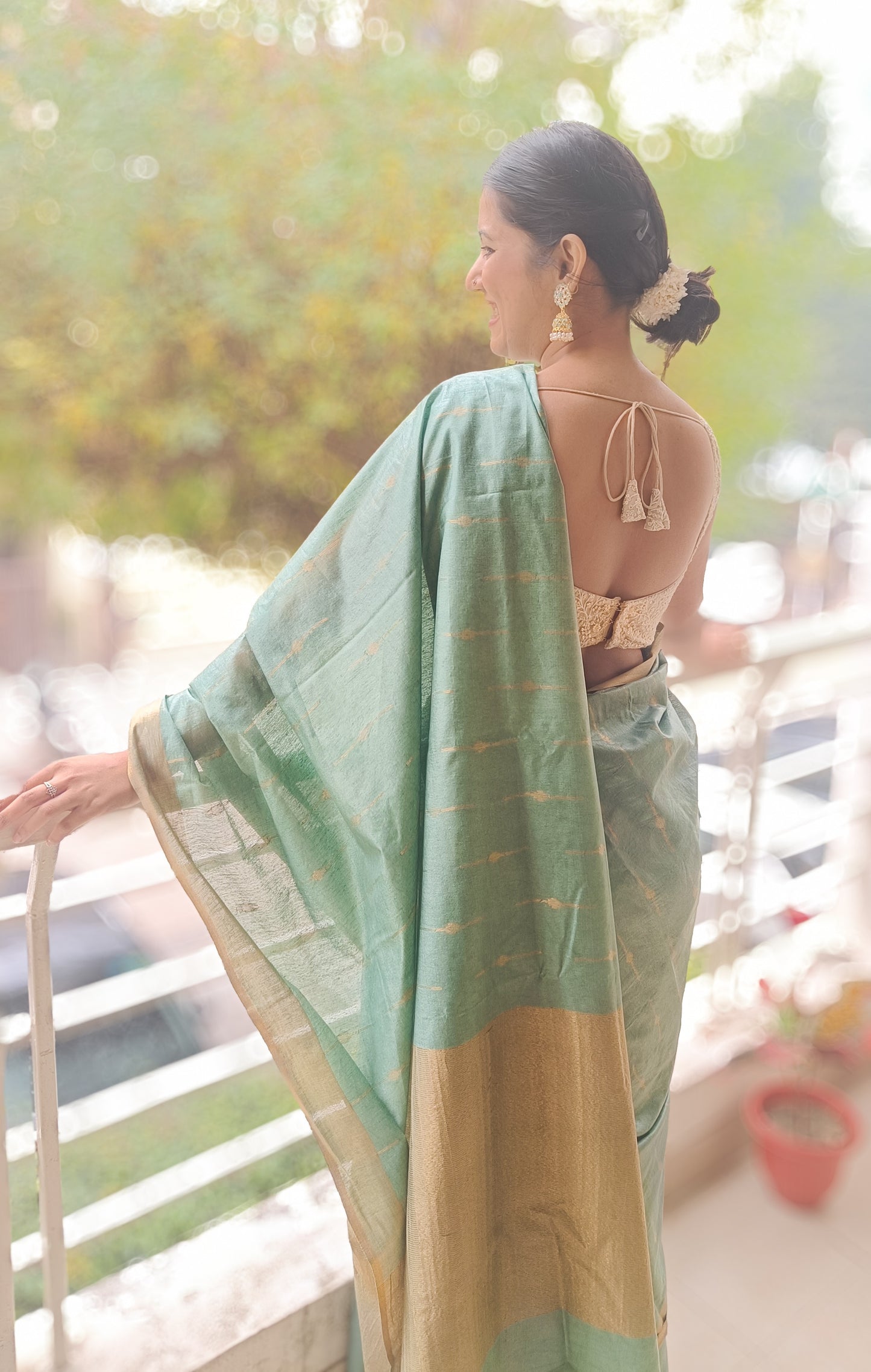 Soft green Wild Willow saree with gold zari detailing on pallu and border, Chanderi silk, Phulwari Bazaar