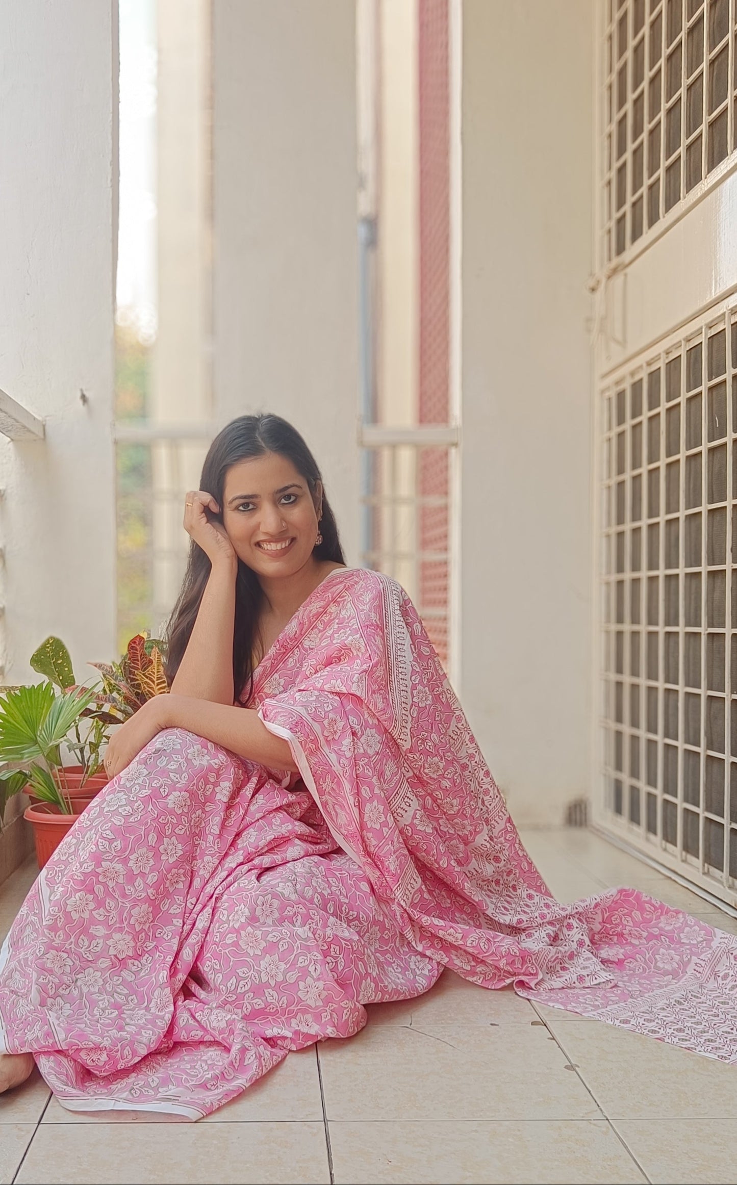 Rosy Bloom handprinted floral motifs on Mulmul cotton saree, available at Phulwari Bazaar