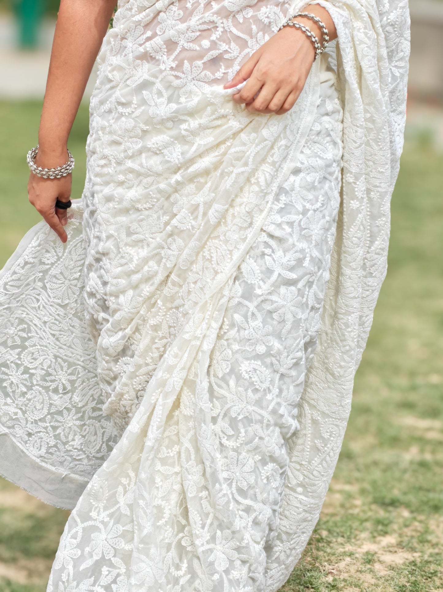 Noori| Ivory White Chikankari Hand-Embroidered Saree