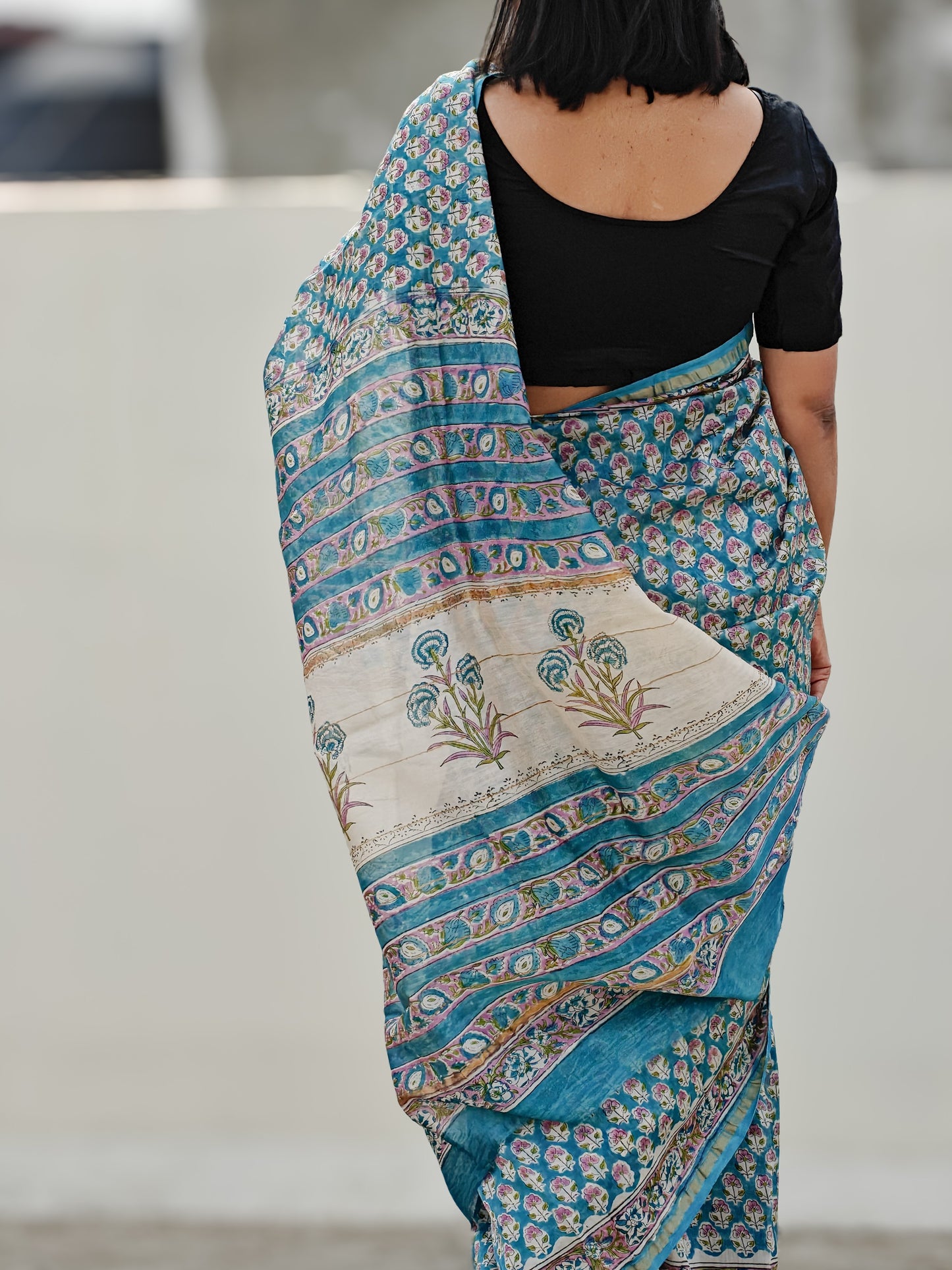 Neera| Turquoise and White Handblock Pure Chanderi Silk Saree