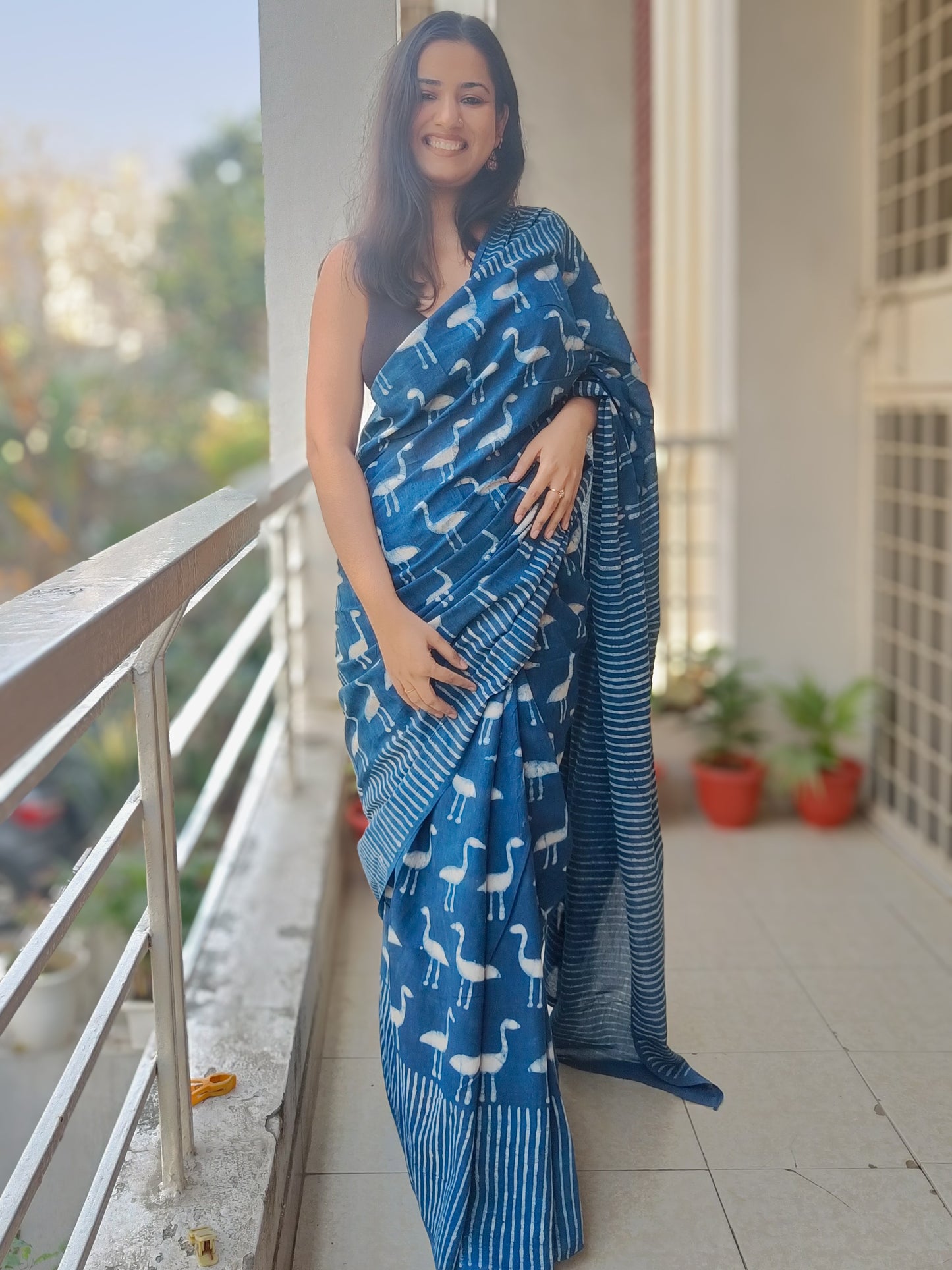 Handprinted Sangneri Mulmul cotton saree with intricate patterns, soft and breathable fabric, Phulwari Bazaar