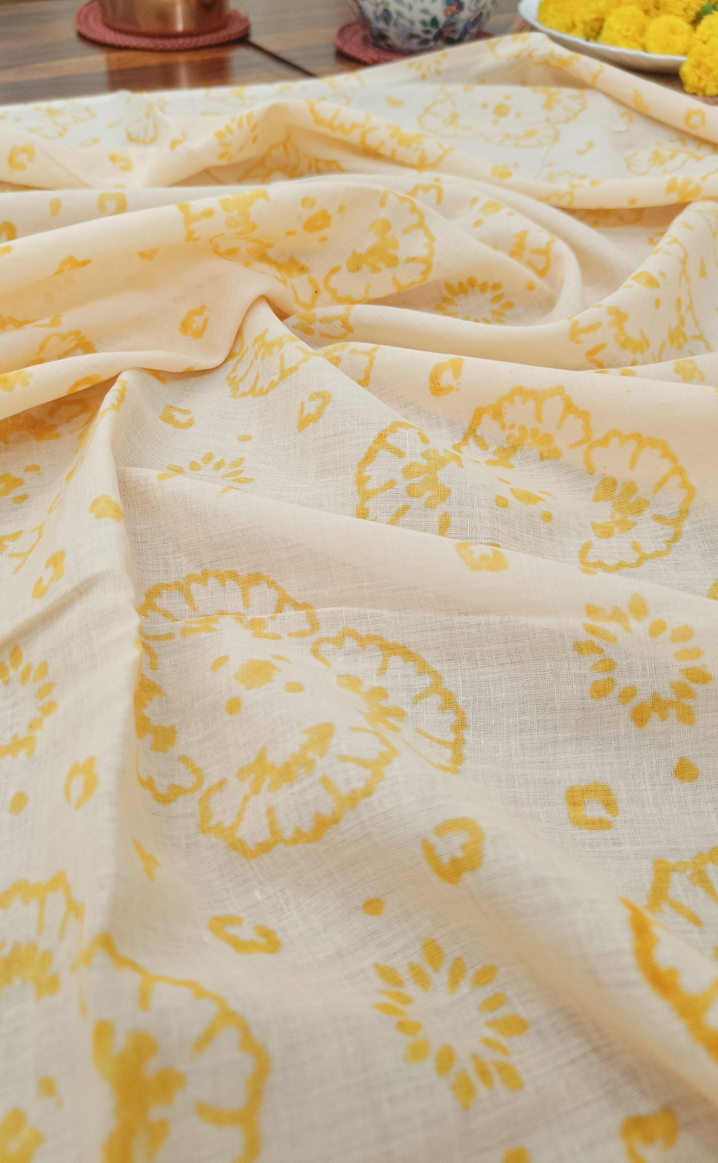 Golden Hour | Handblock Floral Mulmul Saree