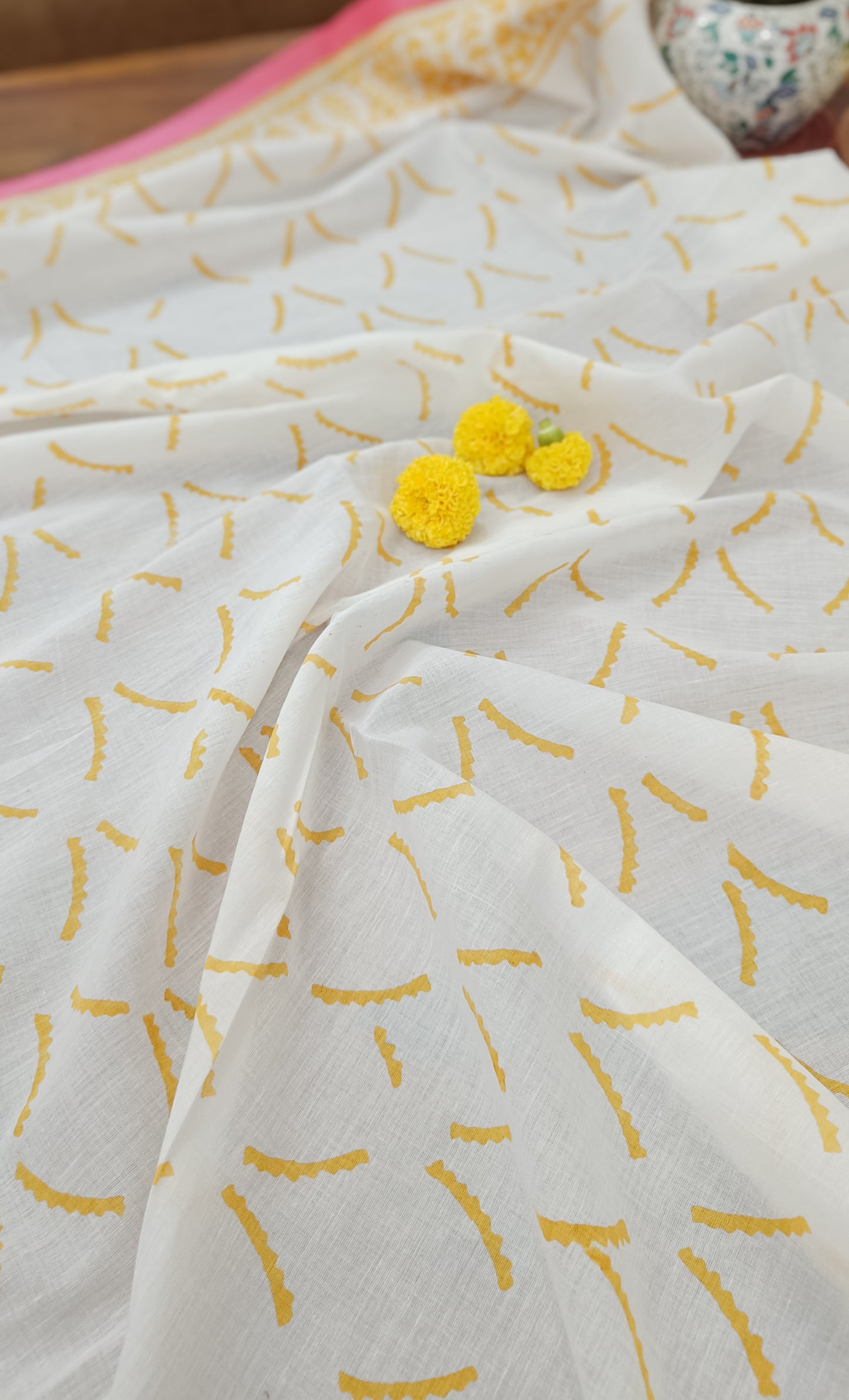 Handprinted running blouse piece included with Pink Poppies Mulmul cotton saree, available at Phulwari Bazaar