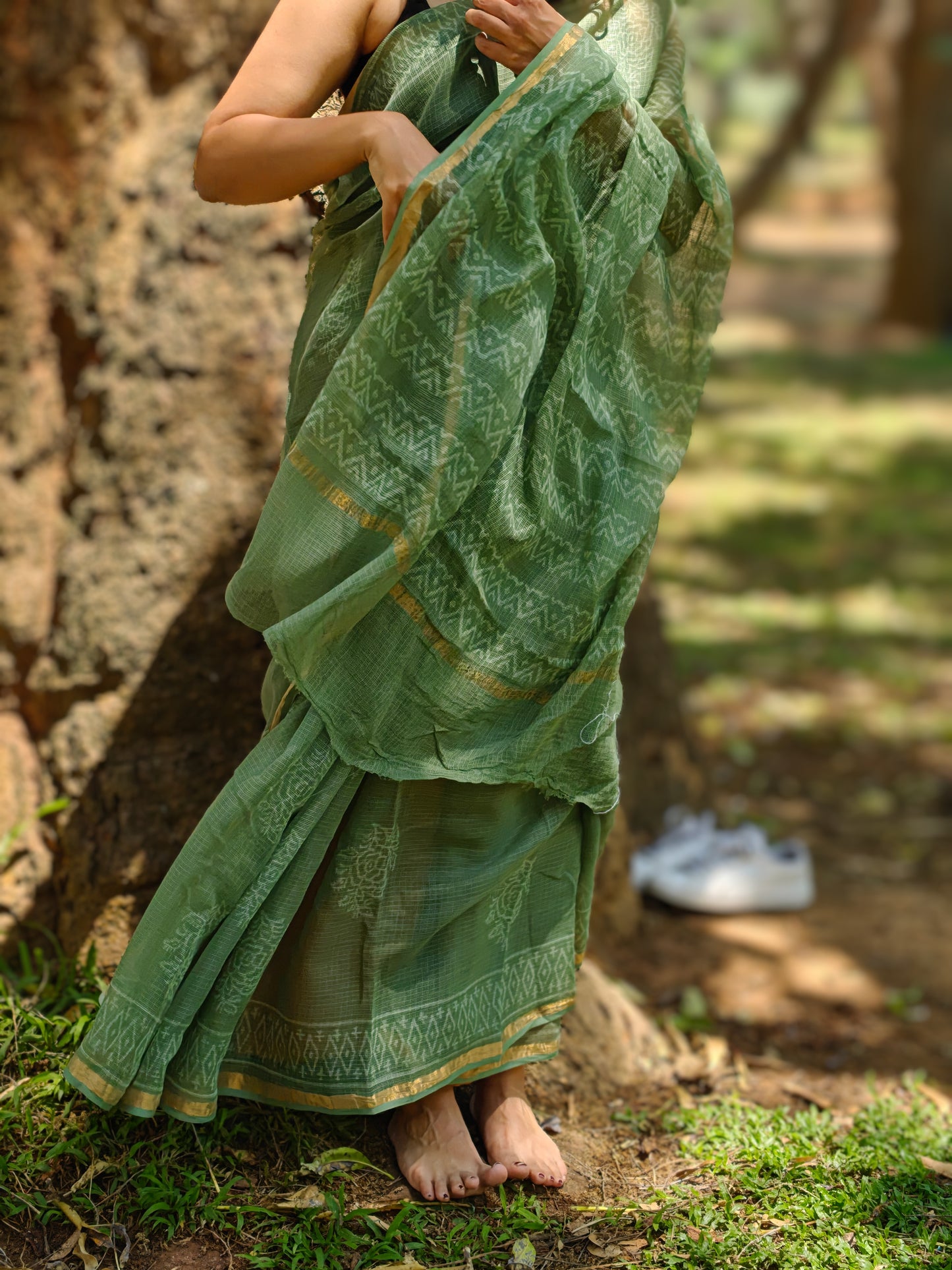 Bahara| Olive Green Handblocked Kota Doria Saree