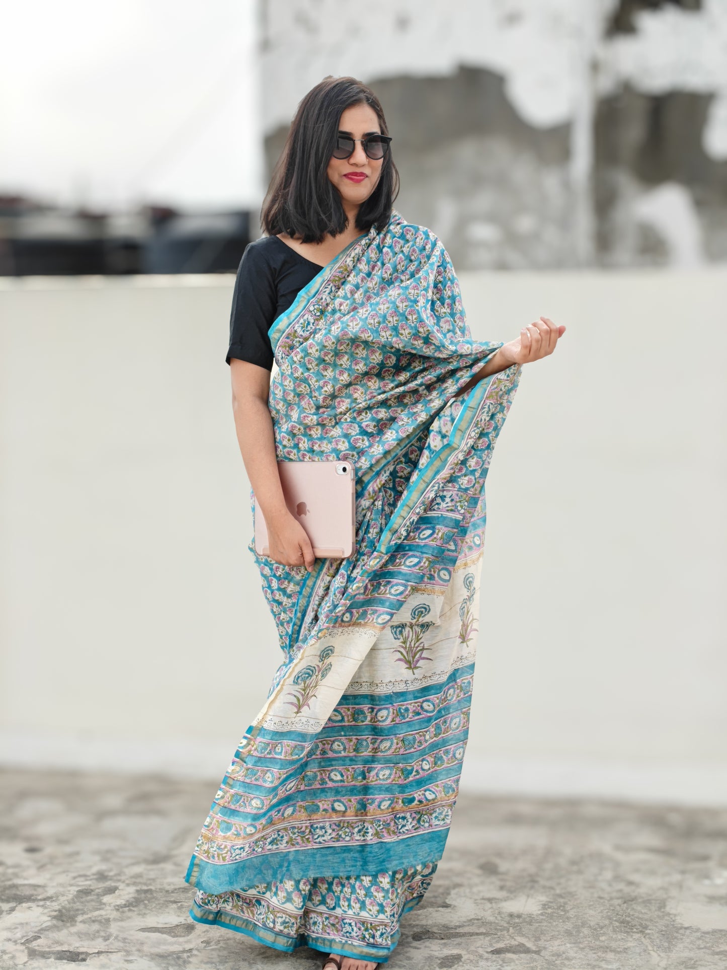 Neera| Turquoise and White Handblock Pure Chanderi Silk Saree
