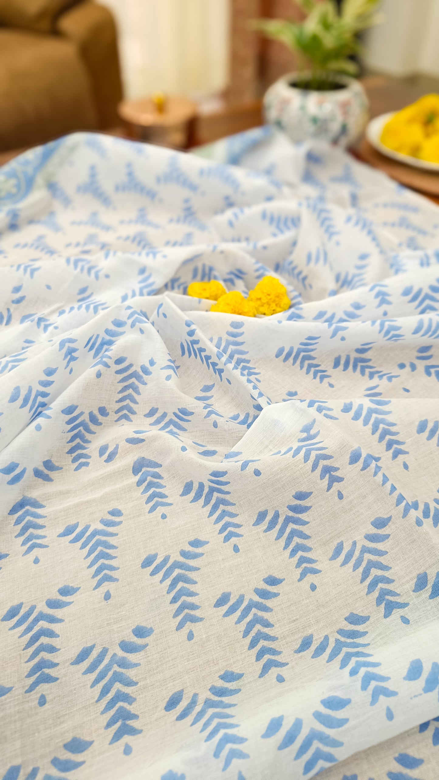 Handprinted running blouse piece included with Mystic Moon saree in Mulmul cotton, available at Phulwari Bazaar