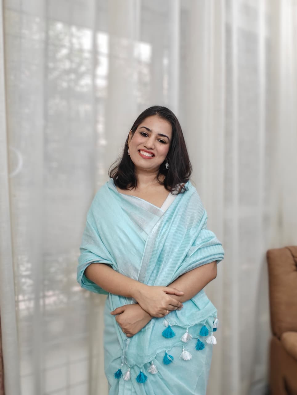 Sagarika| Aqua Blue & Silver Handloom Linen Saree