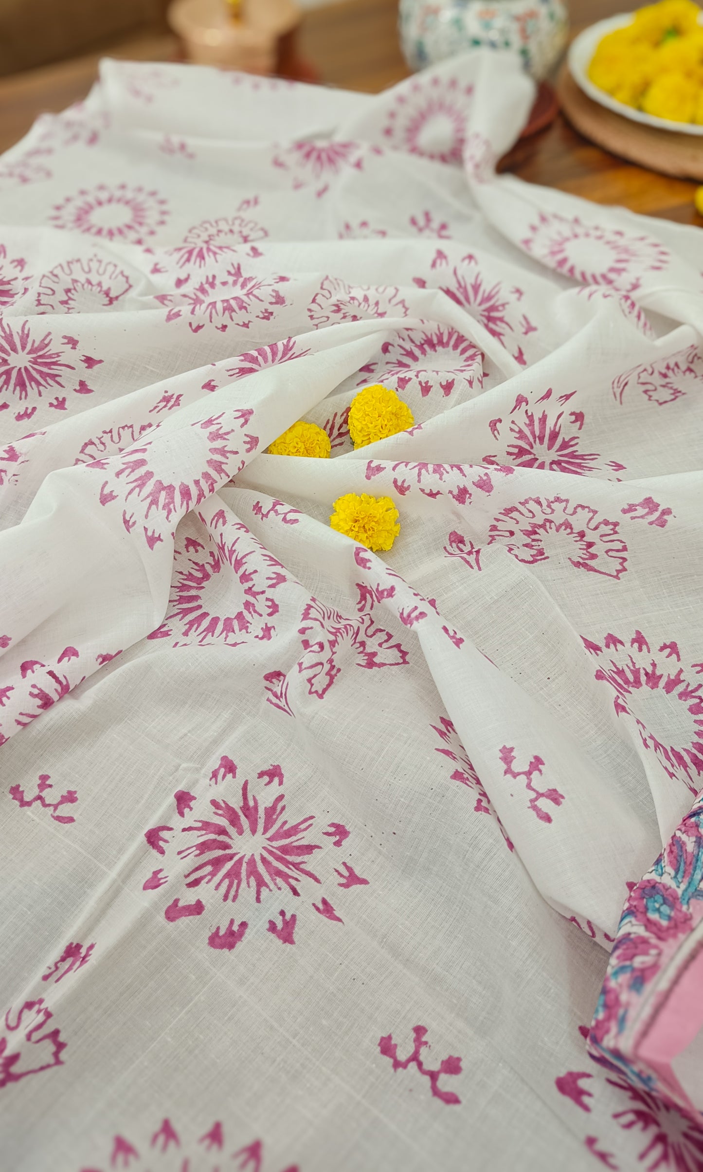 Handprinted floral Mulmul saree with a matching blouse piece, crafted for comfort and effortless , Phulwari Bazaarstyle.