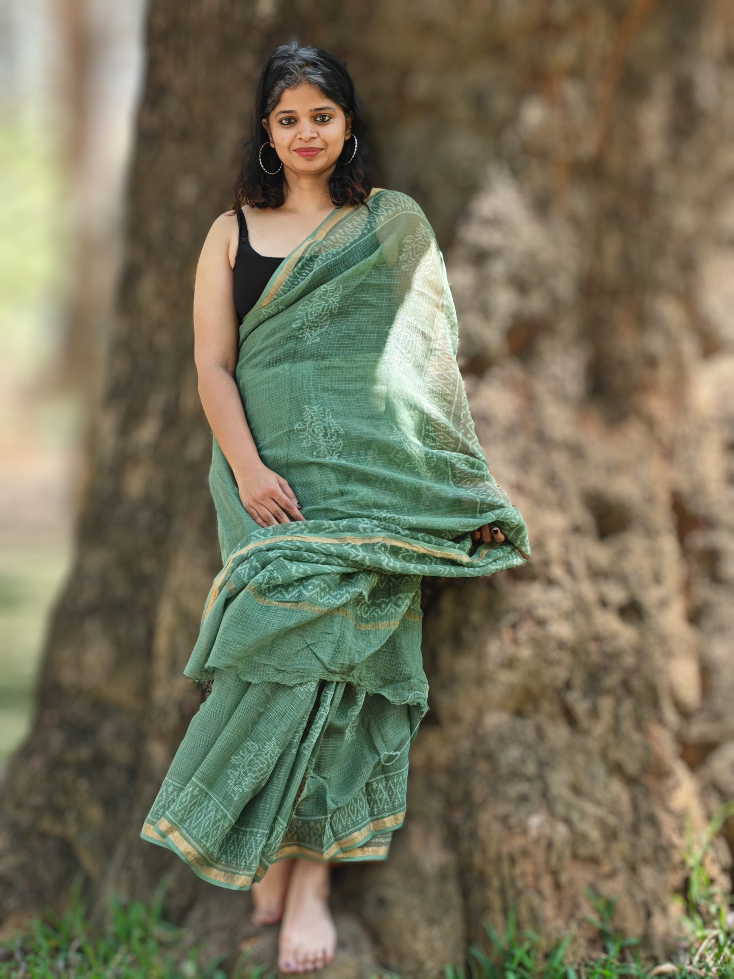 Bahara| Olive Green Handblocked Kota Doria Saree