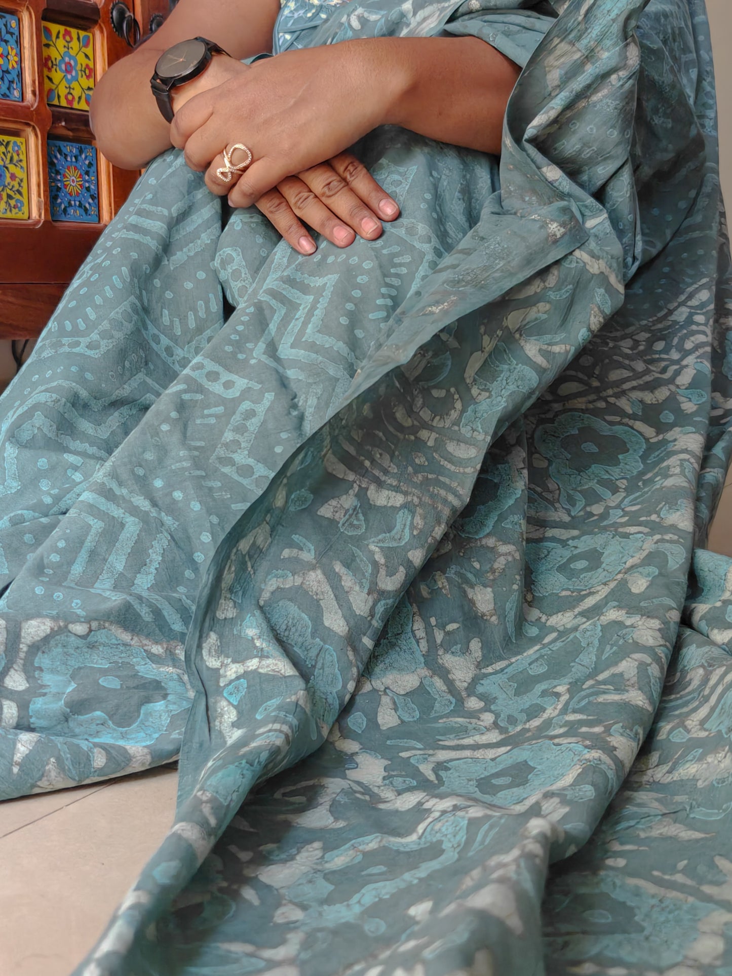 Ocean Blue | Handblock Mulmul Saree