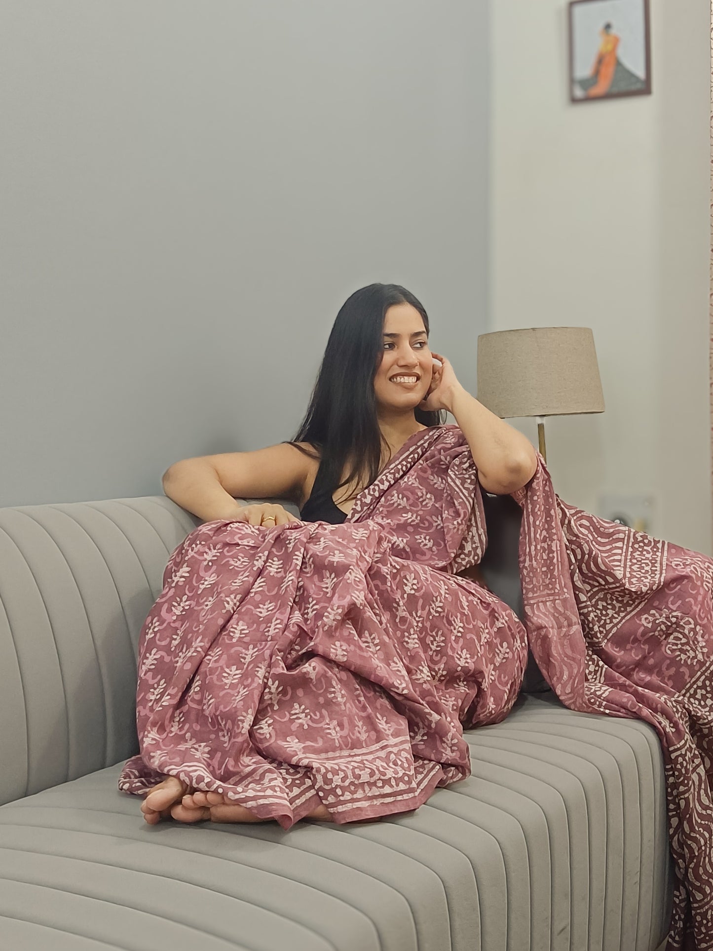 Rosewood Dreams handprinted Sangneri pattern saree in Mulmul cotton, available at Phulwari Bazaar.