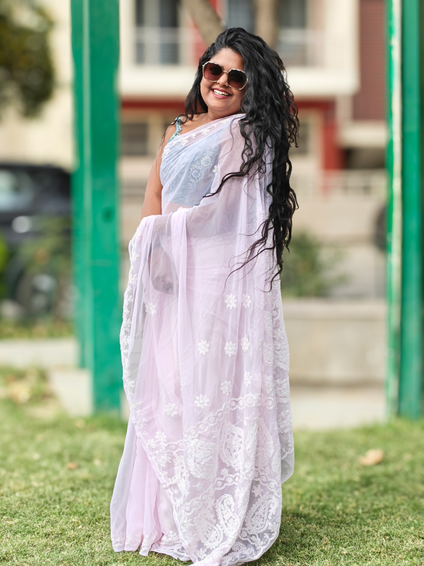 Inaya| Blush Pink Chikankari Hand-embroidered Georgette Saree