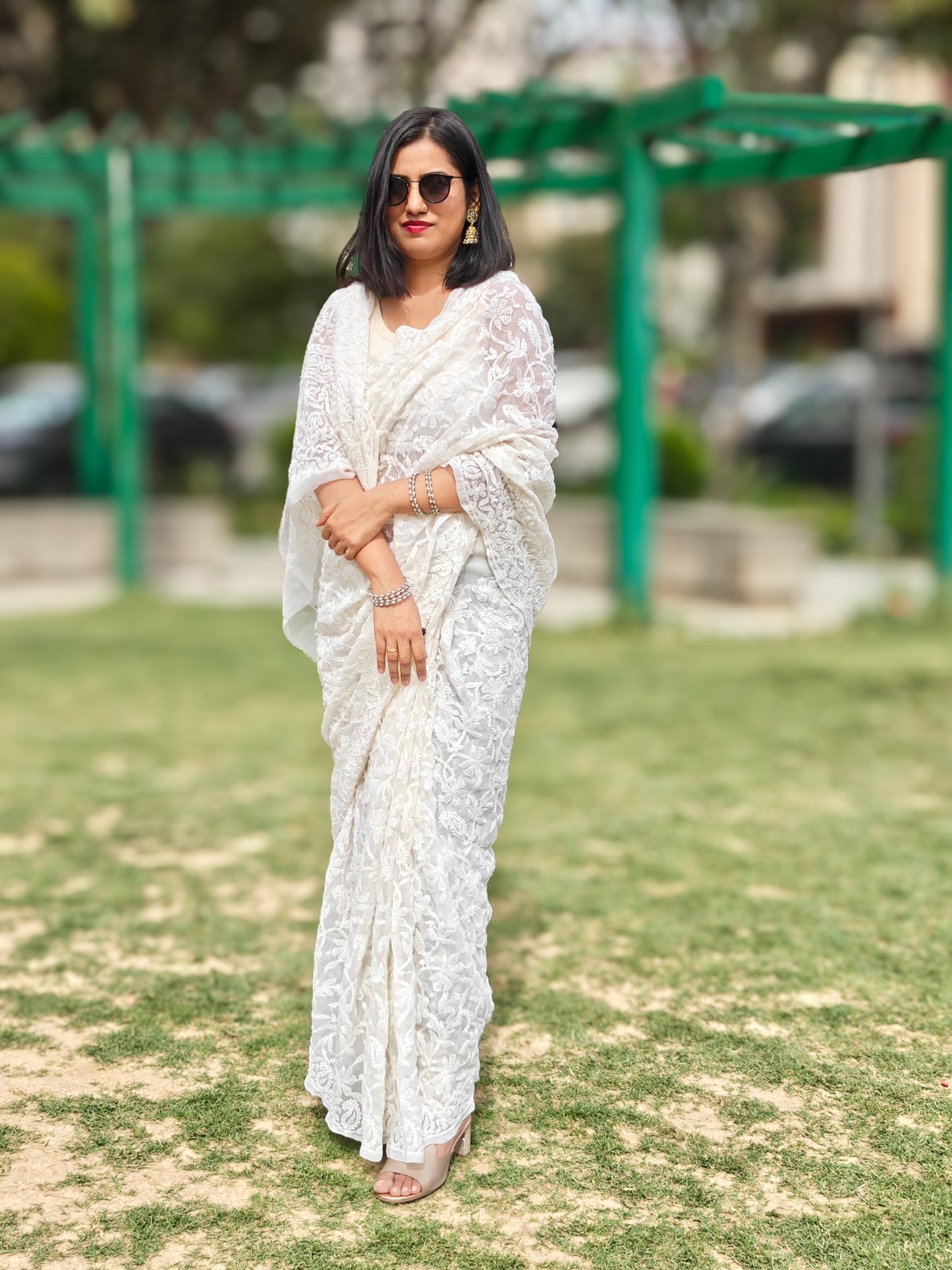 Noori| Ivory White Chikankari Hand-Embroidered Saree
