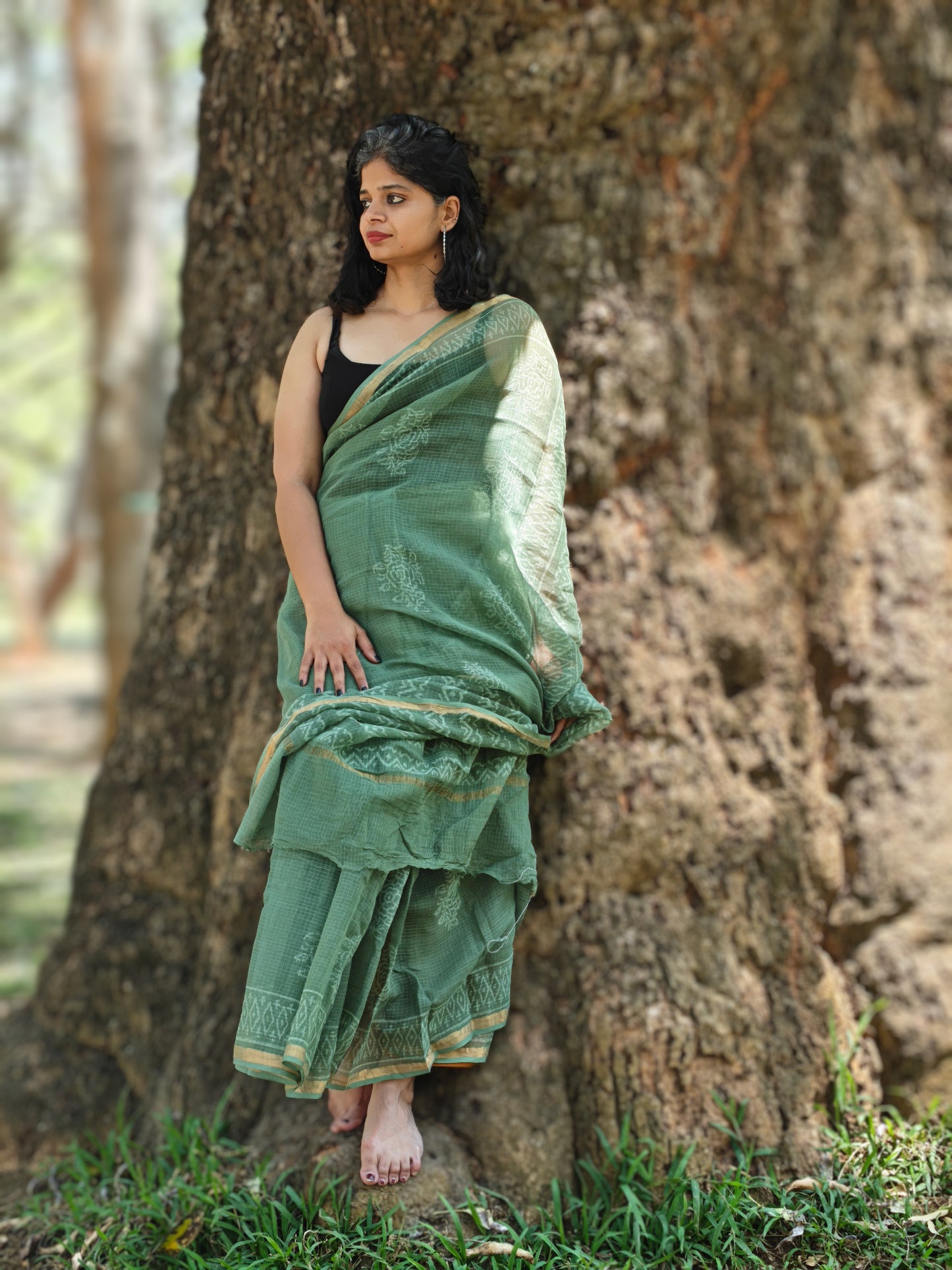 Bahara| Olive Green Handblocked Kota Doria Saree