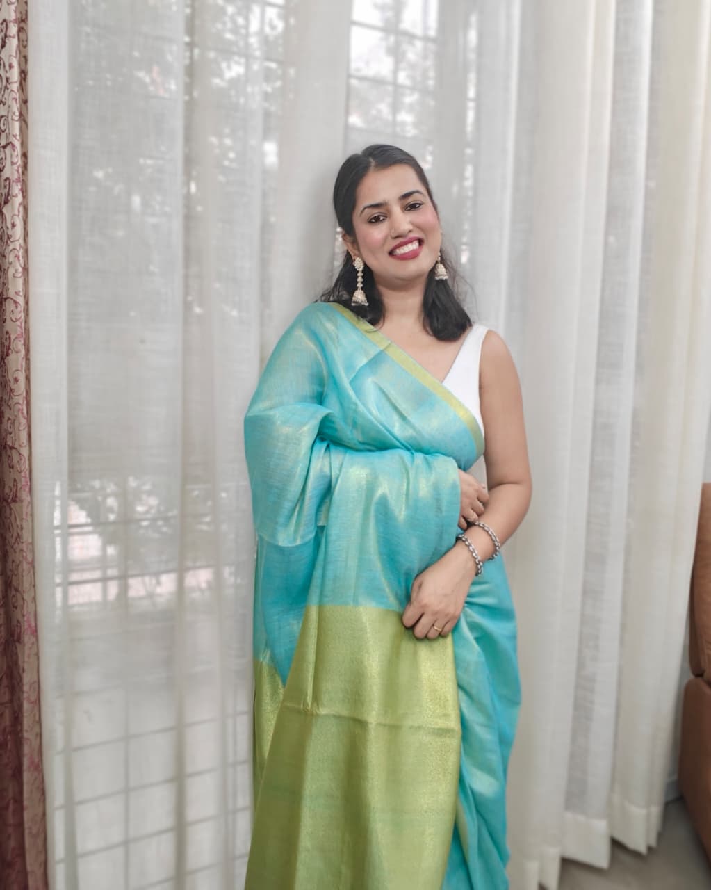 Mahi| Blue Green Linen Silk Handloom Saree