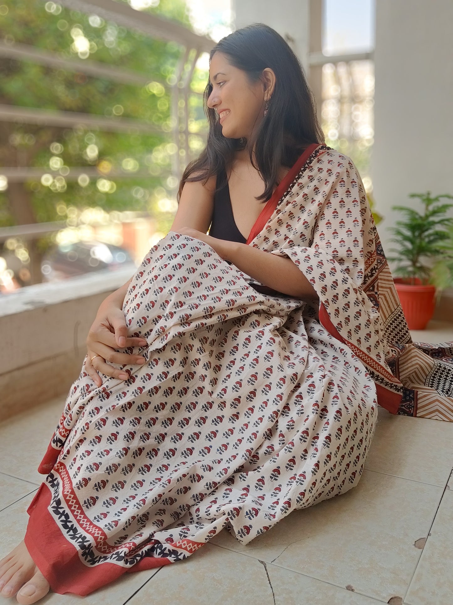 Hand-block print Bagru pattern saree in Mulmul cotton, available at Phulwari Bazaar.