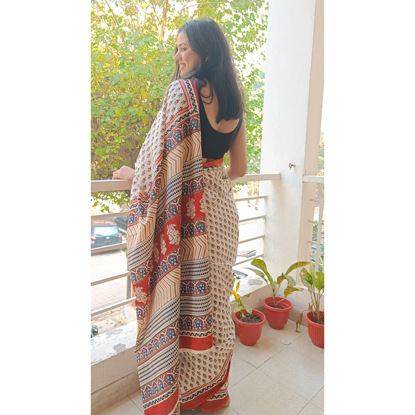 Mulmul cotton saree with hand-block print Bagru pattern, available at Phulwari Bazaar