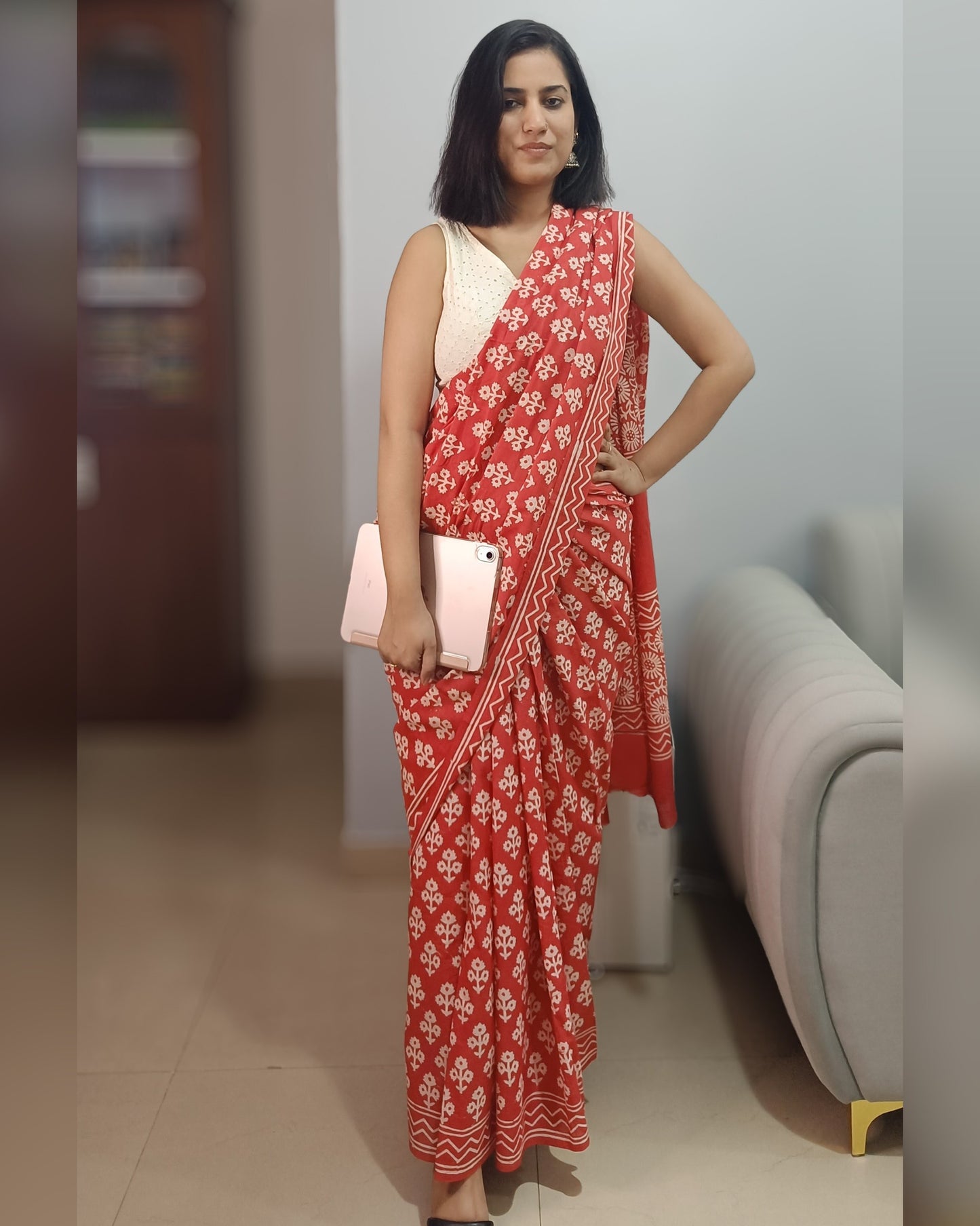 Tangerine Spark | Handblock Mulmul Saree