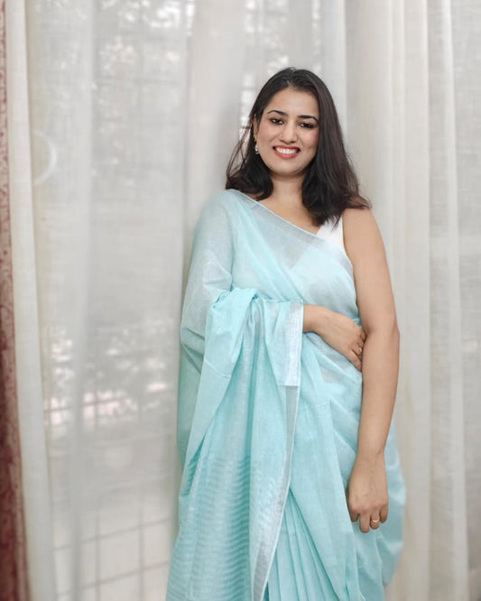 Sagarika| Aqua Blue & Silver Handloom Linen Saree