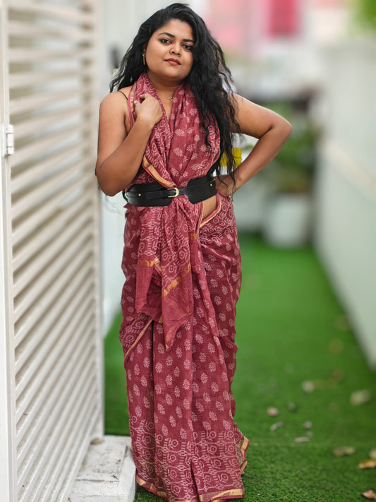 Vaani| Maroon Handblock Kota Doria Saree