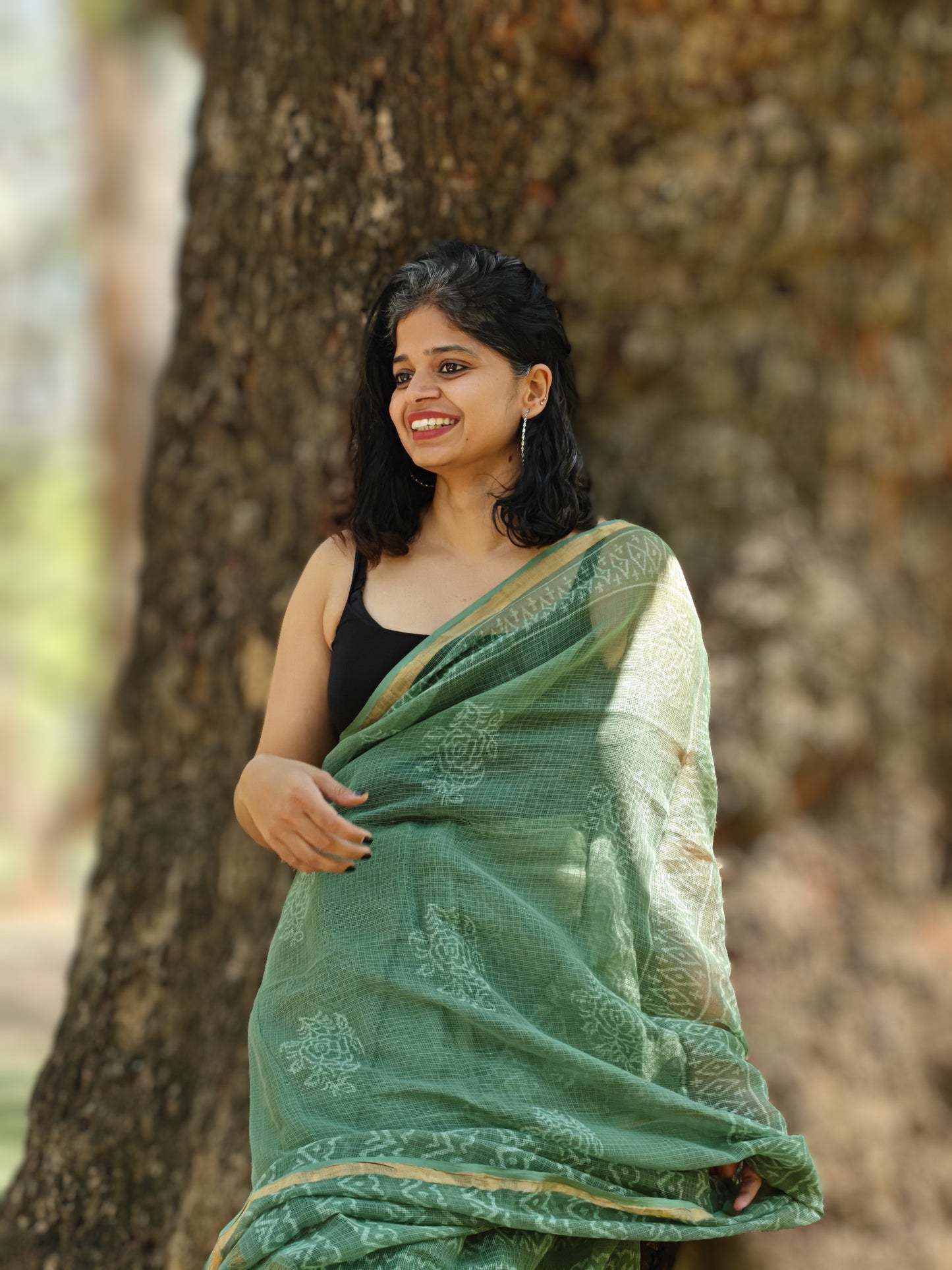 Bahara| Olive Green Handblocked Kota Doria Saree