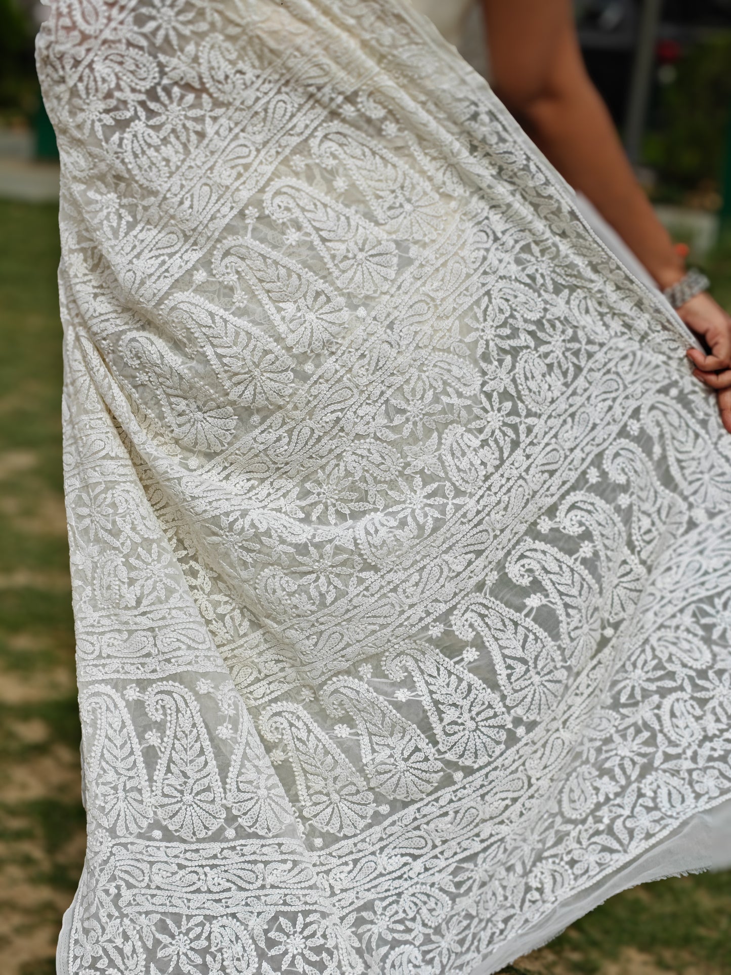 Noori| Ivory White Chikankari Hand-Embroidered Saree