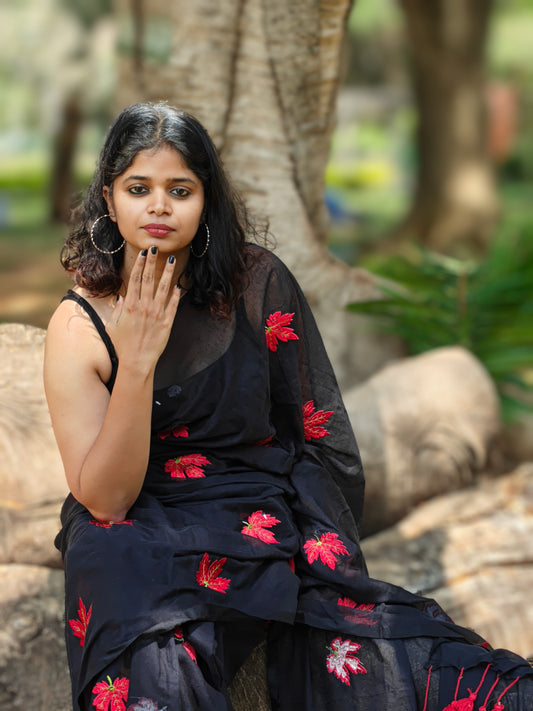 Black mulmul saree with red hand embroidery – Phulwari Bazaar