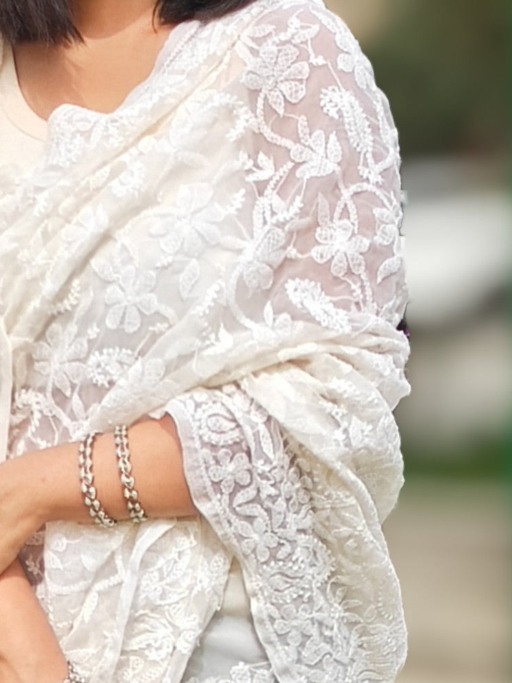 Noori| Ivory White Chikankari Hand-Embroidered Saree