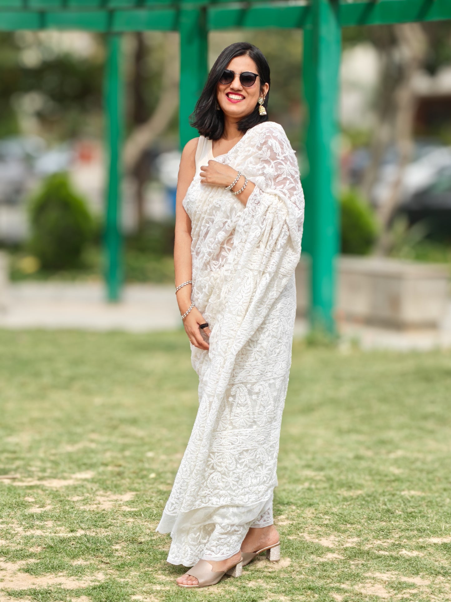 Noori| Ivory White Chikankari Hand-Embroidered Saree