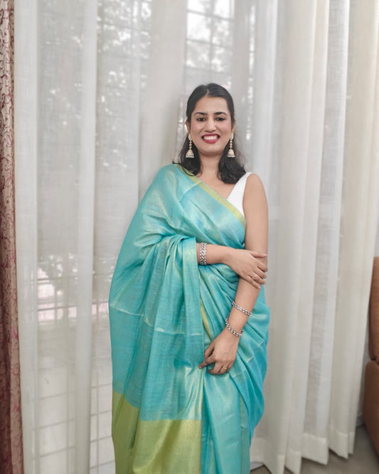 Mahi| Blue Green Linen Silk Handloom Saree