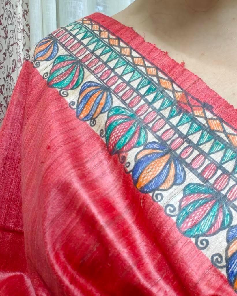 Woman wearing Madhu hand-painted Madhubani tussar ghicha silk saree, perfect for festive and wedding occasions, only at Phulwari Bazaar