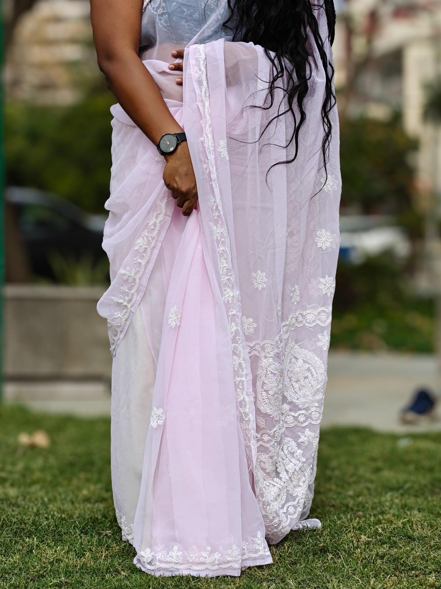 Inaya| Blush Pink Chikankari Hand-embroidered Georgette Saree