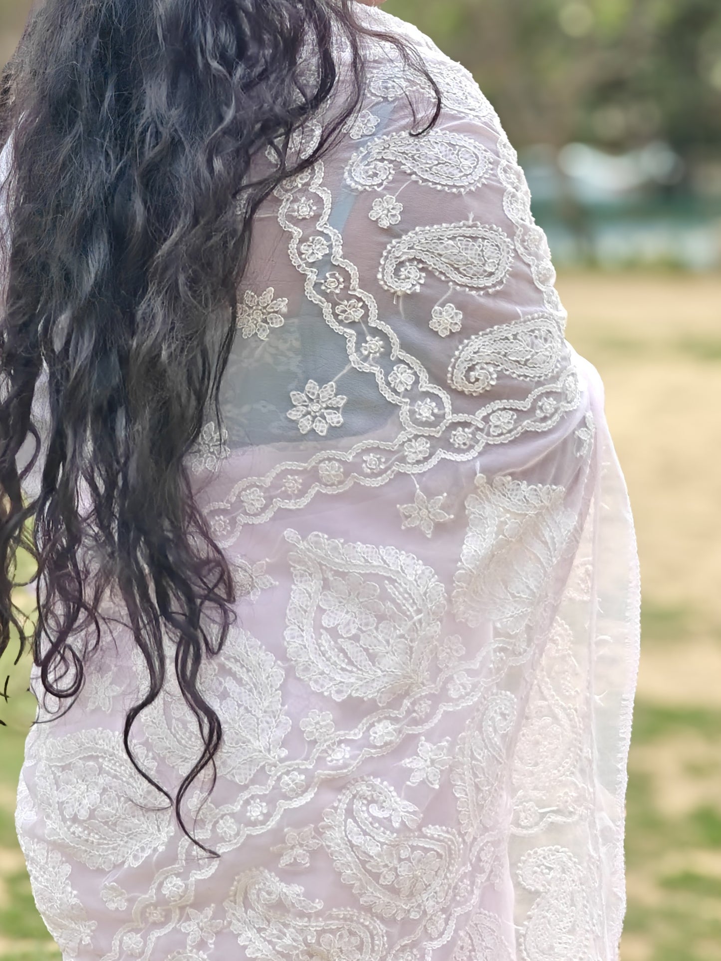 Inaya| Blush Pink Chikankari Hand-embroidered Georgette Saree