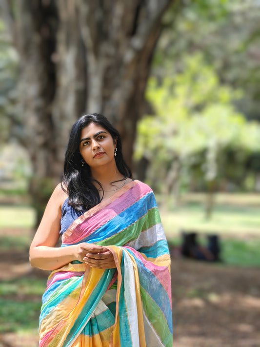 Pastel striped mulmul saree for summer – Phulwari Bazaar