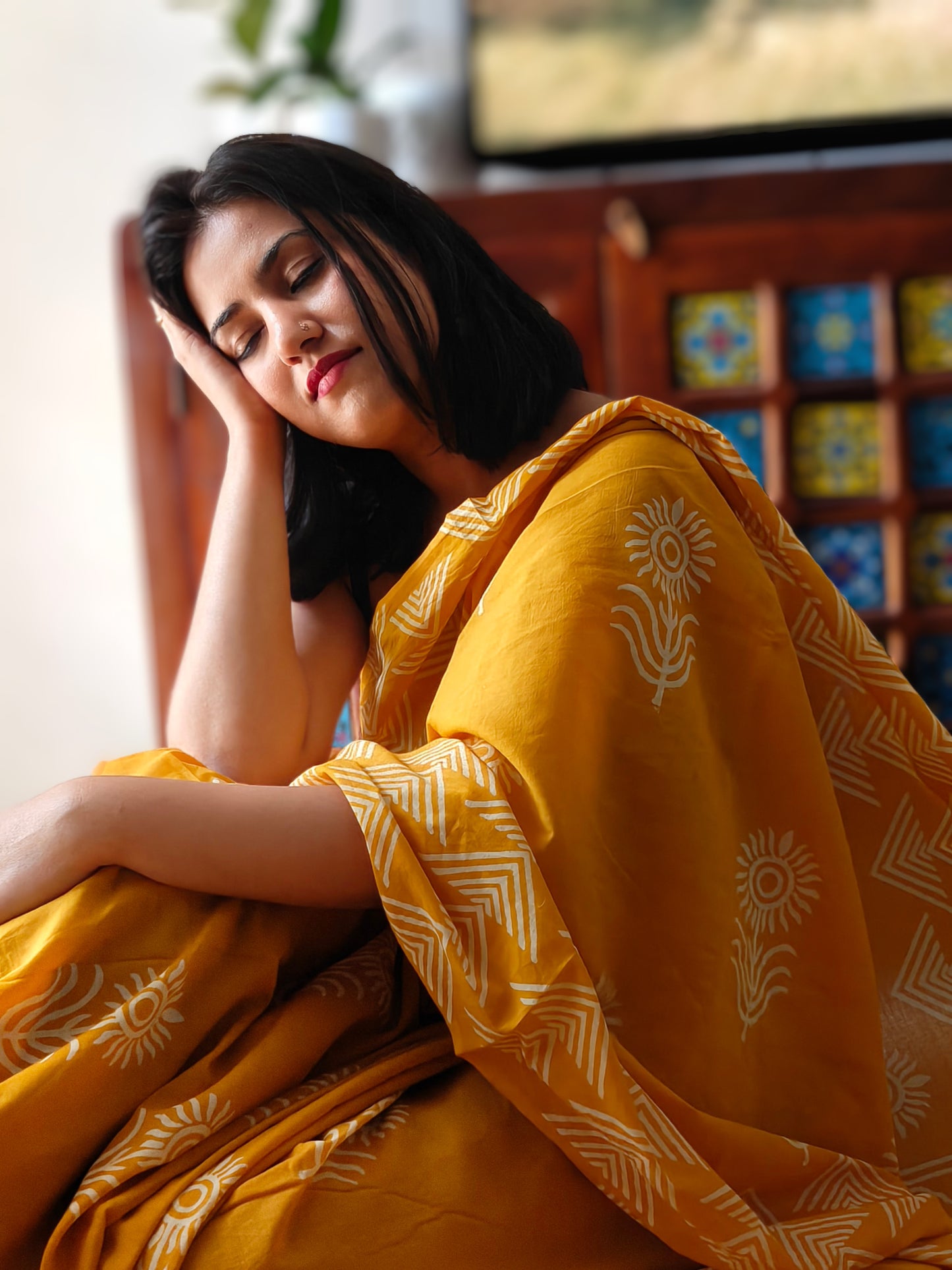 Sunflower Bloom | Yellow Handblock Mulmul Saree