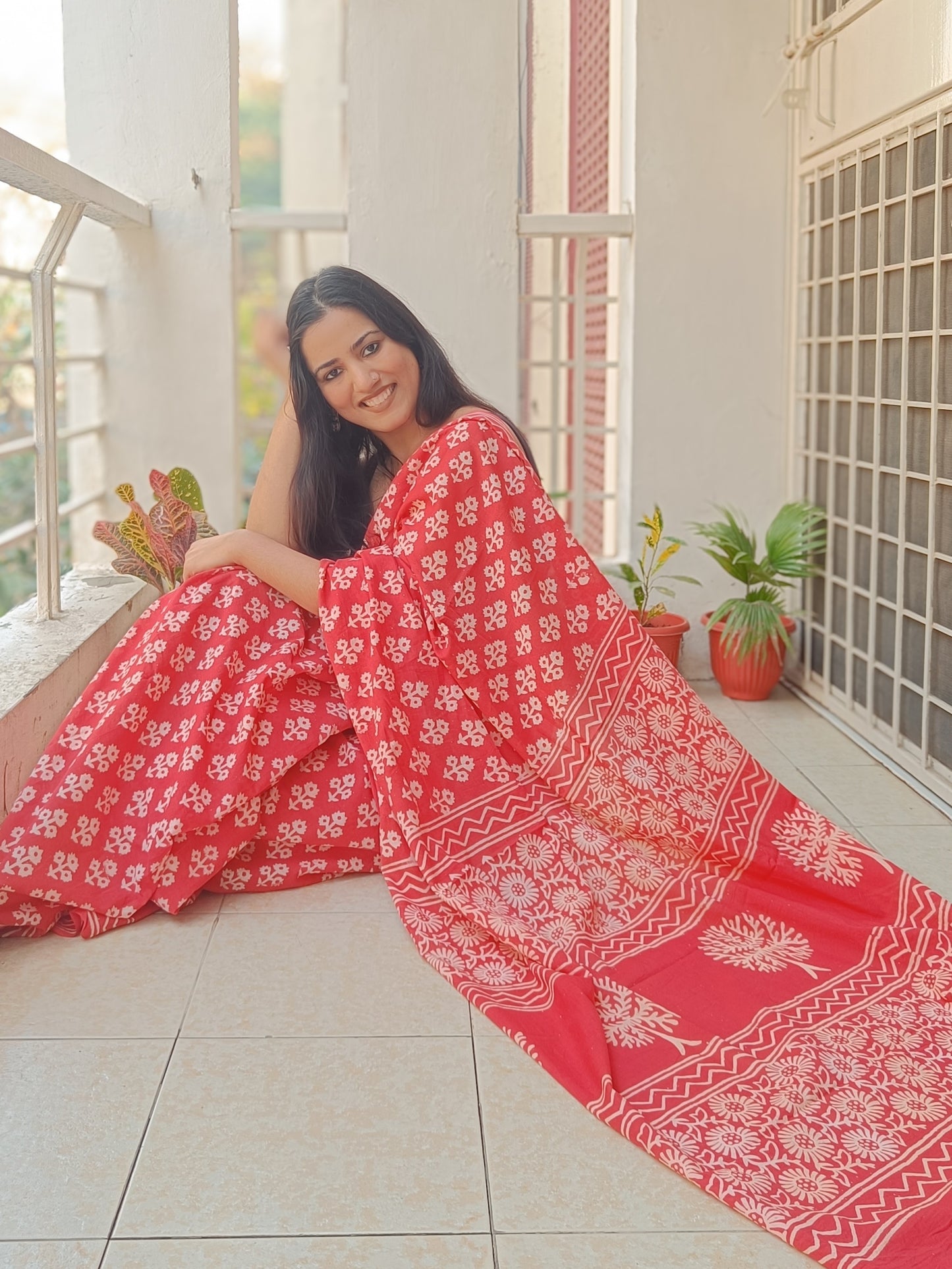 Lightweight orange cotton saree with traditional hand block prints and a running blouse piece,  Phulwari Bazaar