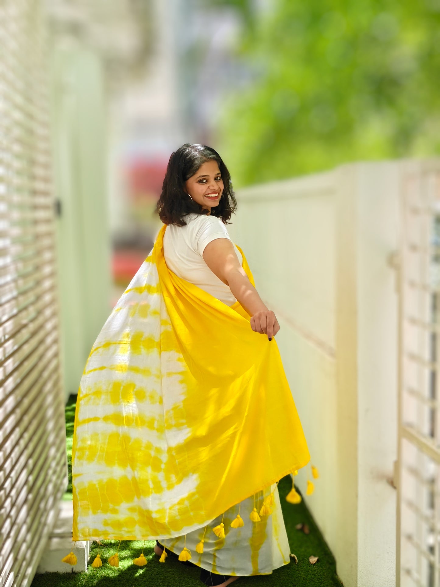 Hand-dyed Shibori cotton saree with tassels for summer

