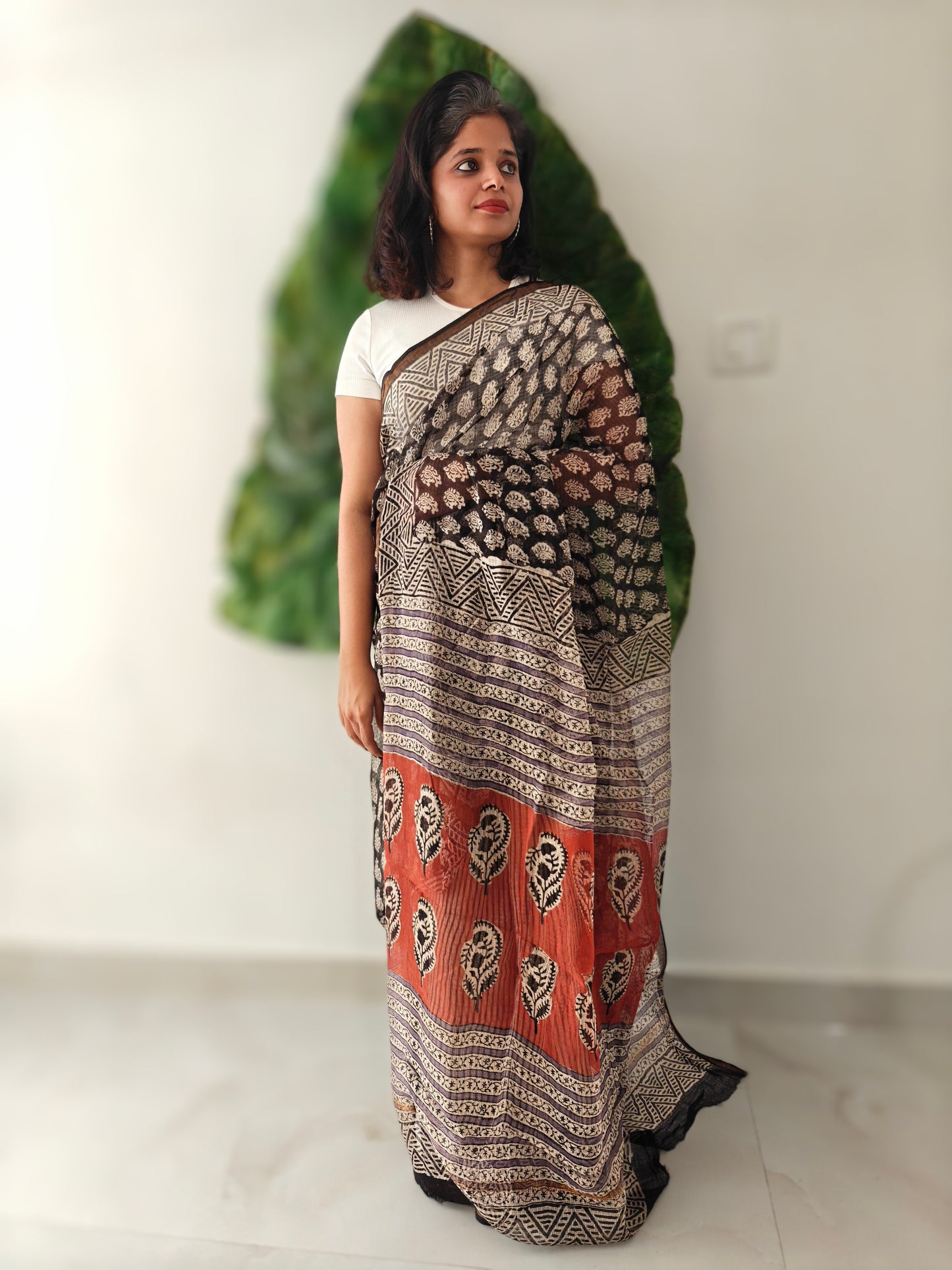 Maati| Black & Earthy Red Handblocked Kota Doria Saree