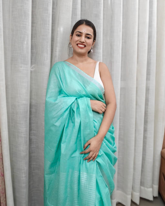 Sagarika| Mint Green & Silver Handloom Linen Saree