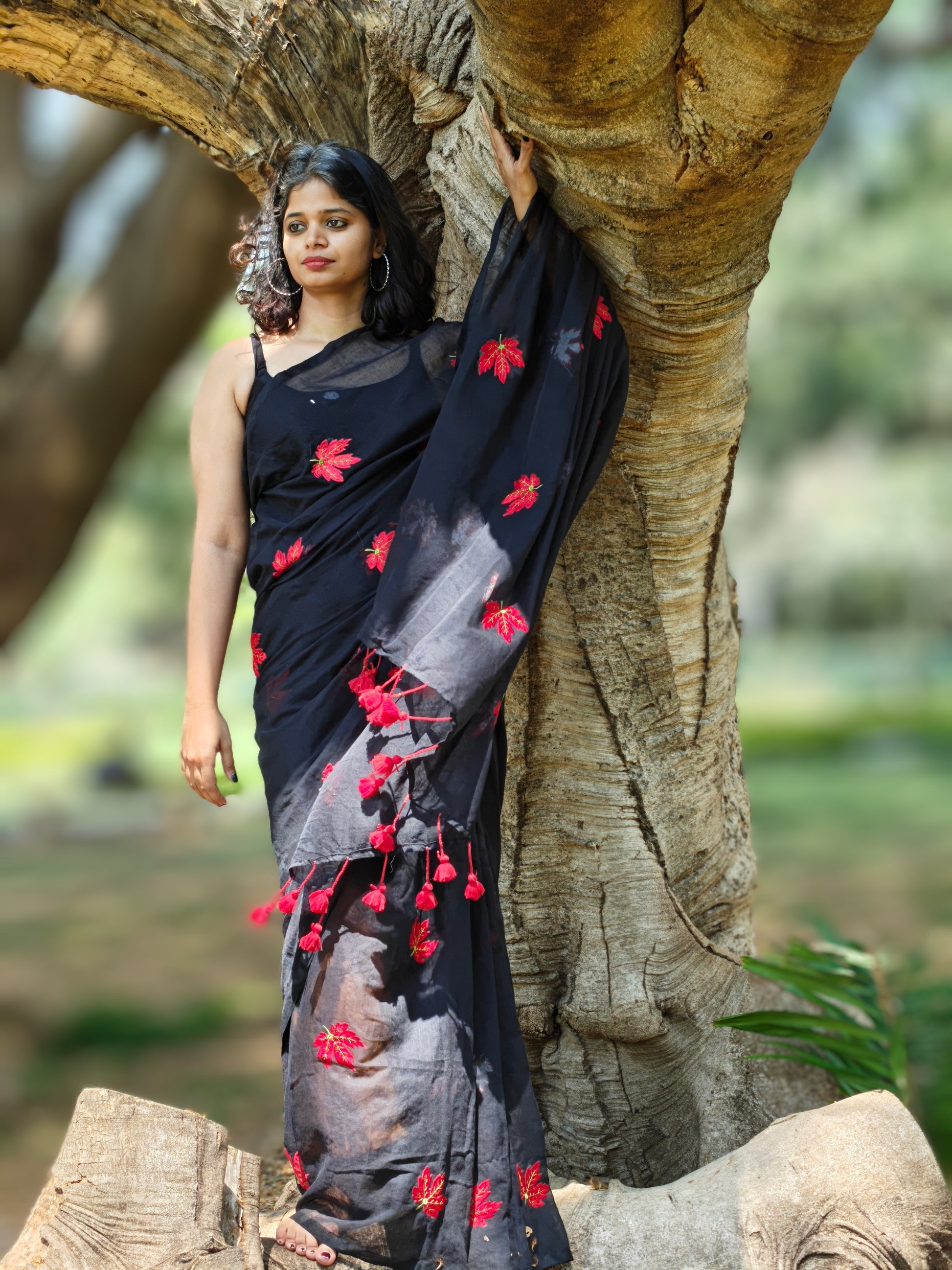 Handcrafted embroidered black saree without blouse piece -Phulwari Bazaar